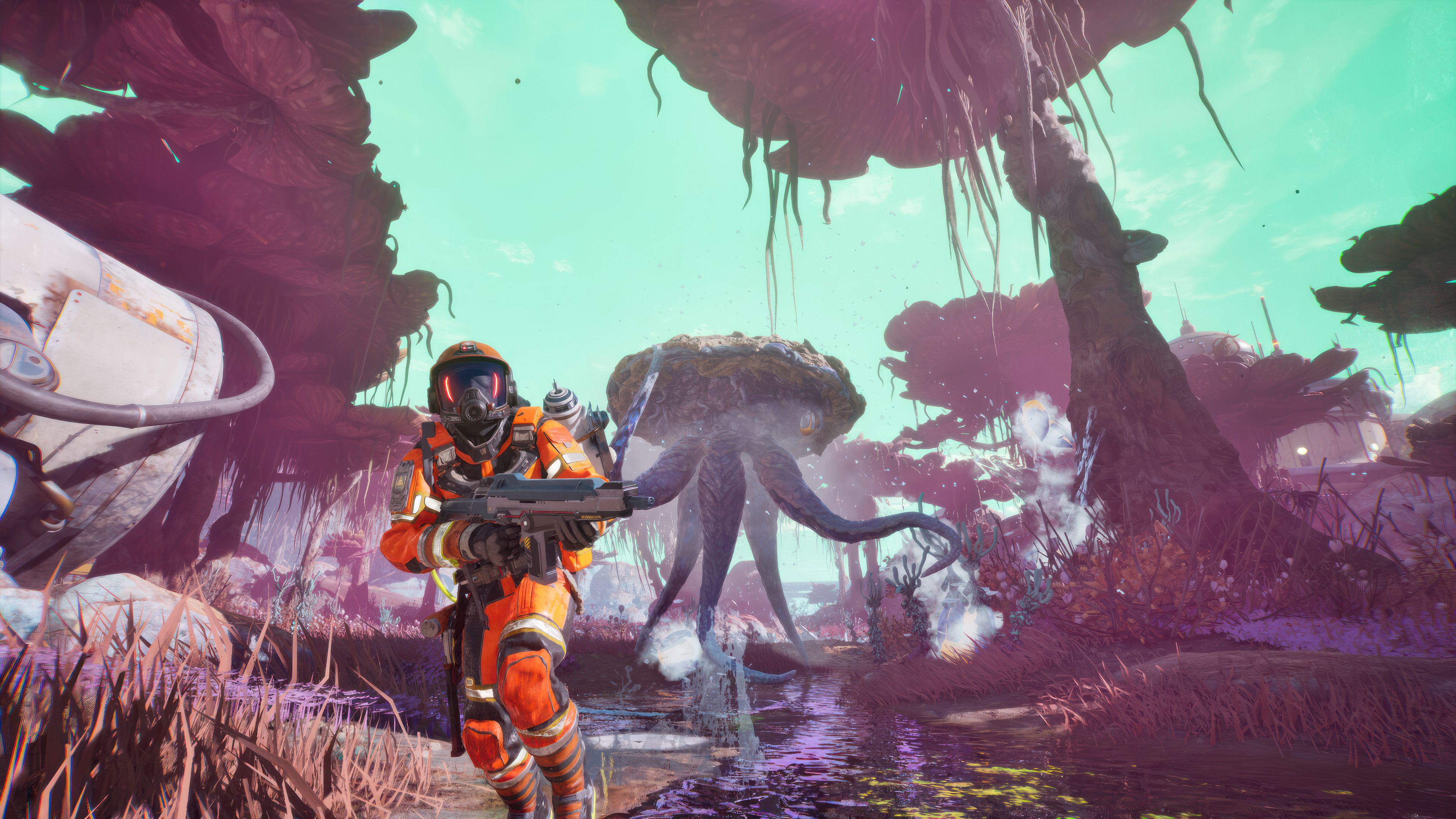 Exterminauts Screenshot showing character running from alien