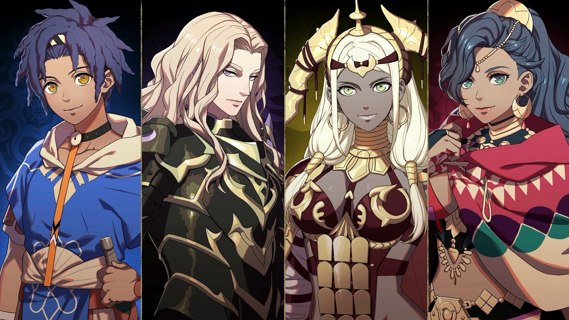 Four members of the playable cast of Fire Emblem: Fortune's Weave, named Cai, Dietrich, Theodora, and Leda