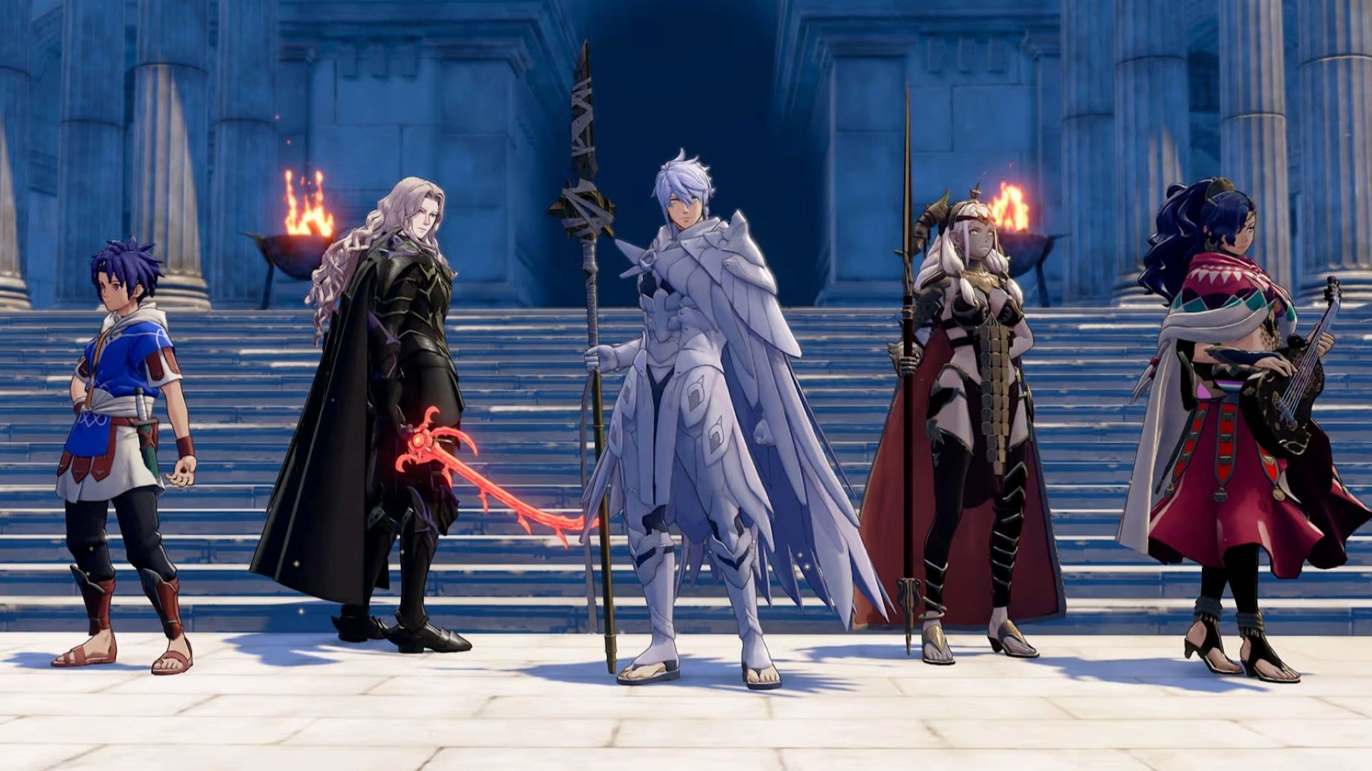 fire-emblem-fortunes-weave-protagonist-and-four-heroes-pose