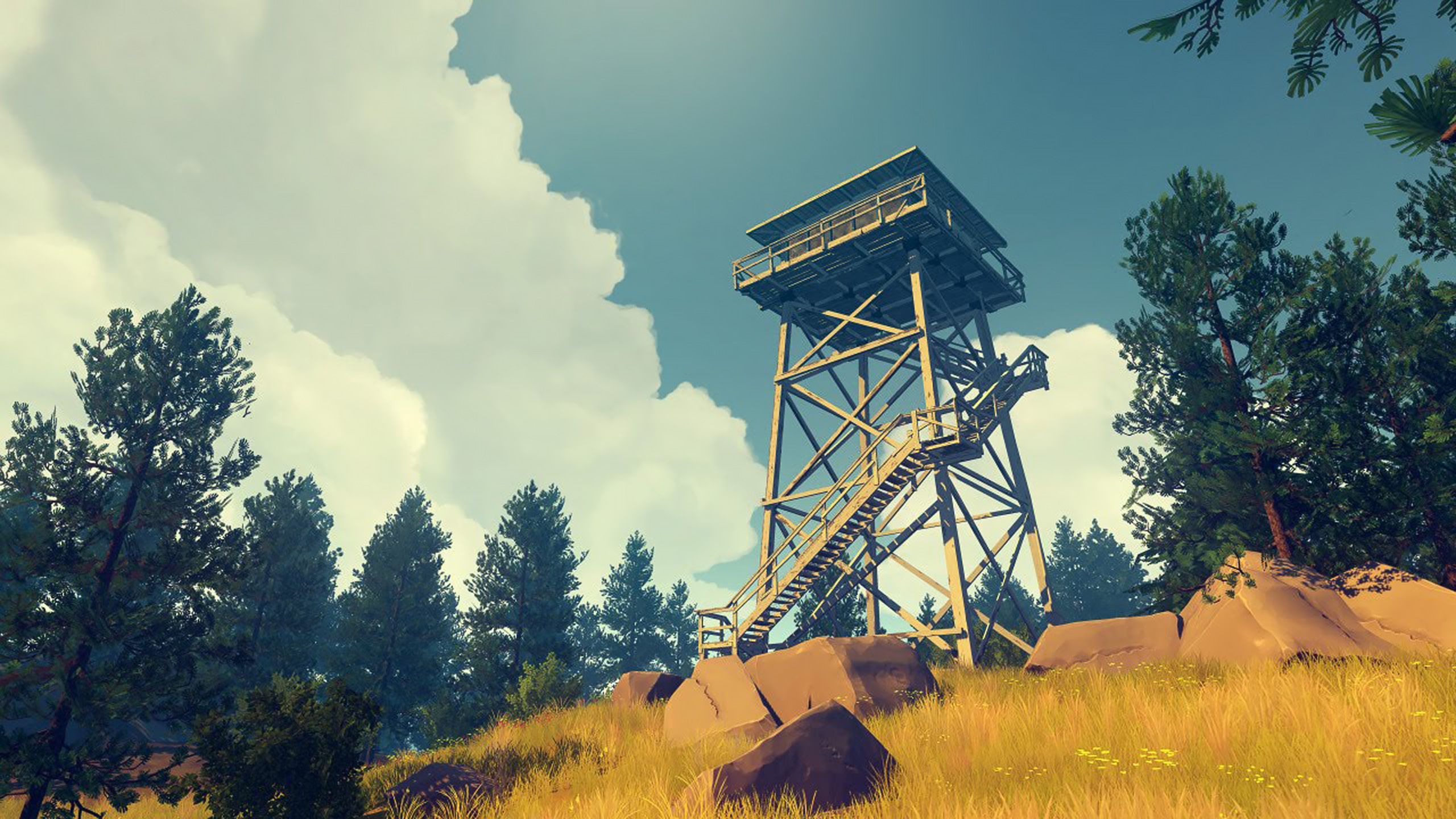 Firewatch view of a tower up the hill during daylight under cloudy sky QHD