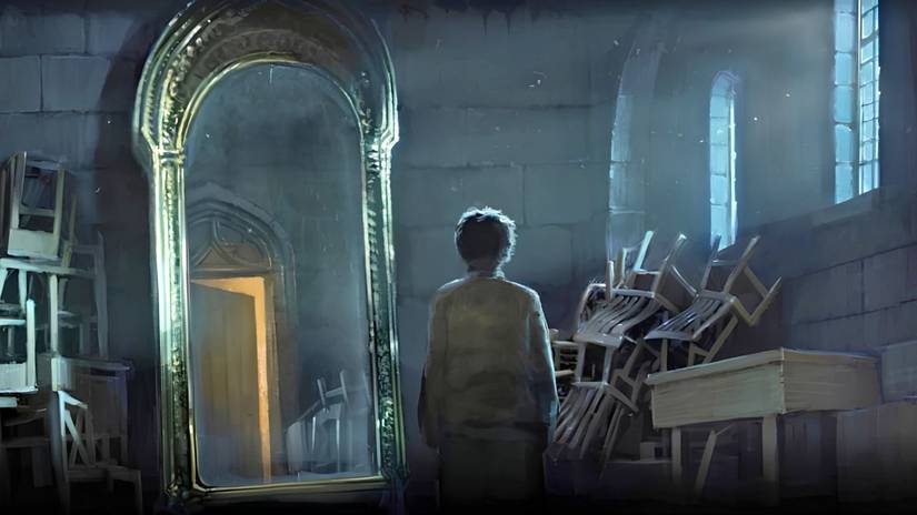 An illustration of a spare room with a grand mirror in it on the fourth floor of Hogwarts from an illustration in the Harry Potter books