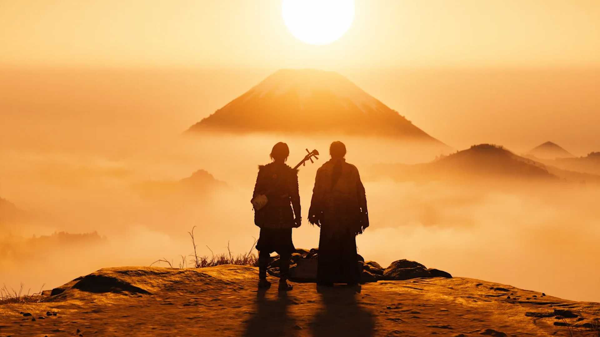 Two people watching a sunset over Mount Yotei in Ghost of Yotei.