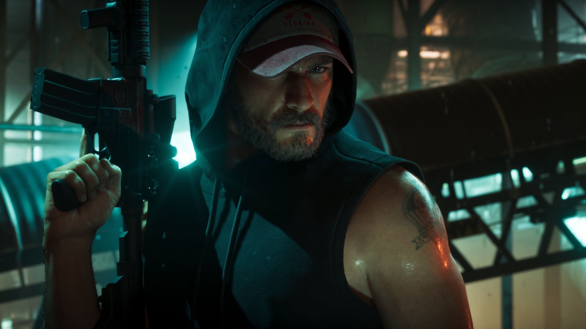 jason wearing a hoodie and holding a rifle in gta 6's new official screenshot.