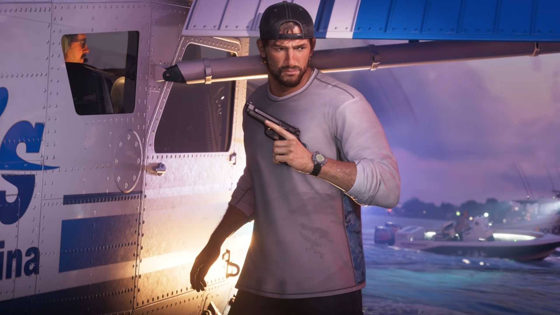 gta 6's jason holding a pistol while trying to enter an aircraft and flee the crime scene.