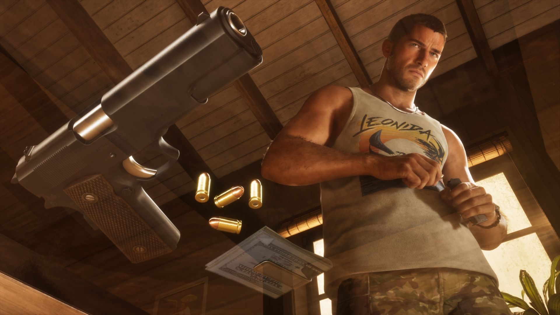 gta 6's jason staring at the camera with his piston and a bunch of bullets next to him.