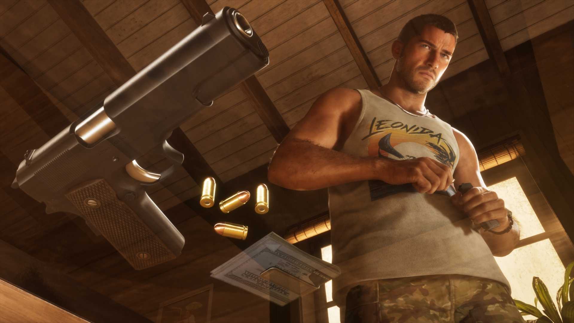gta 6's jason staring at the camera with his piston and a bunch of bullets next to him.
