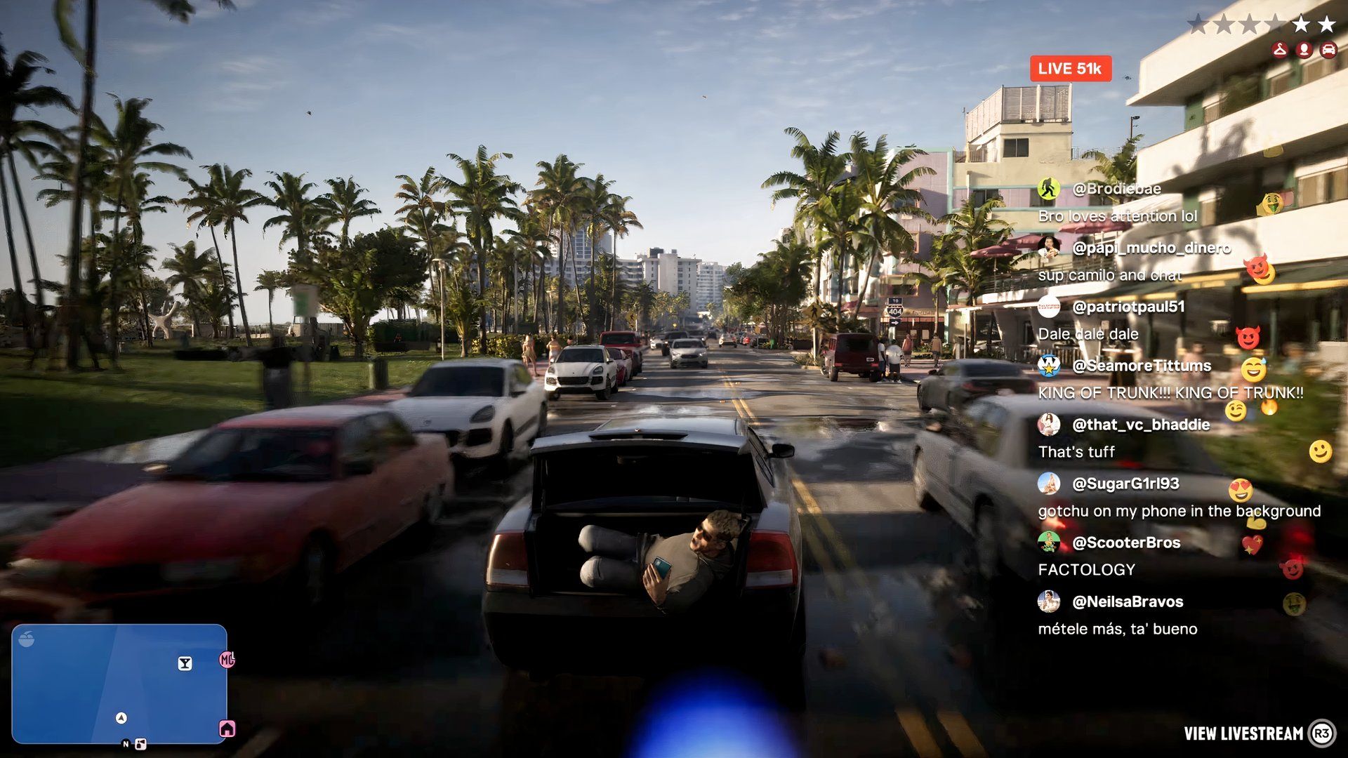 n3on lookalike in gta 6 extended look trailer streaming from the trunk of a car.