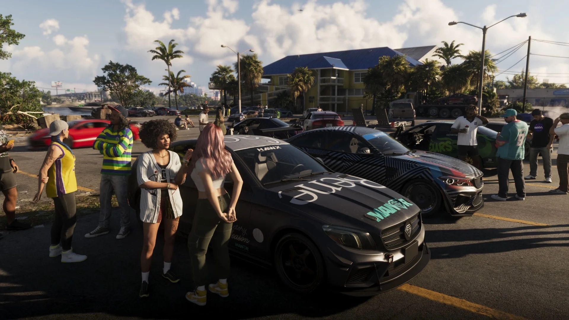 A group of people and cars in GTA 6