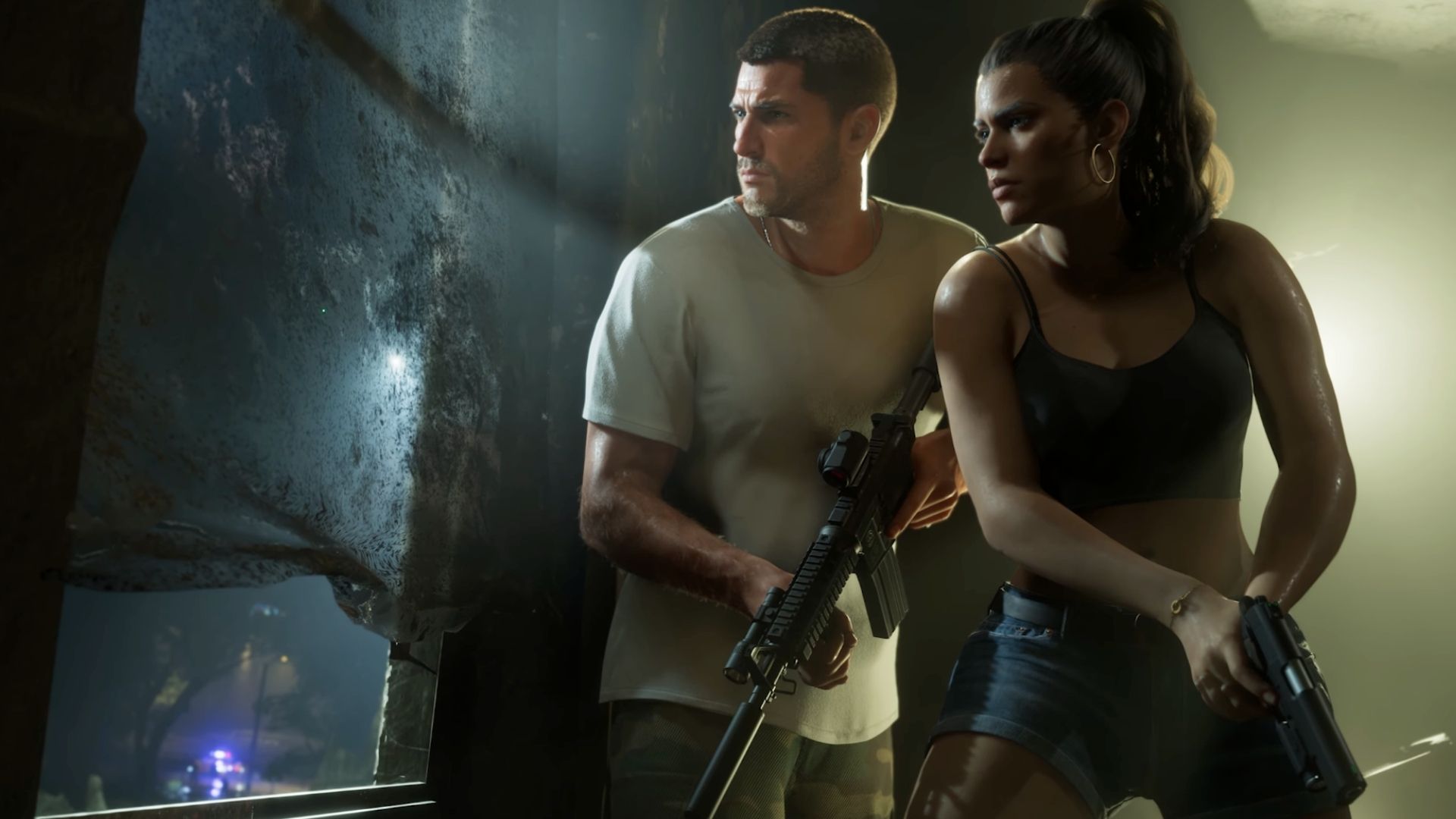 gta 6 co-protagonists jason and lucia equipped with guns and preparing to ambush enemies.