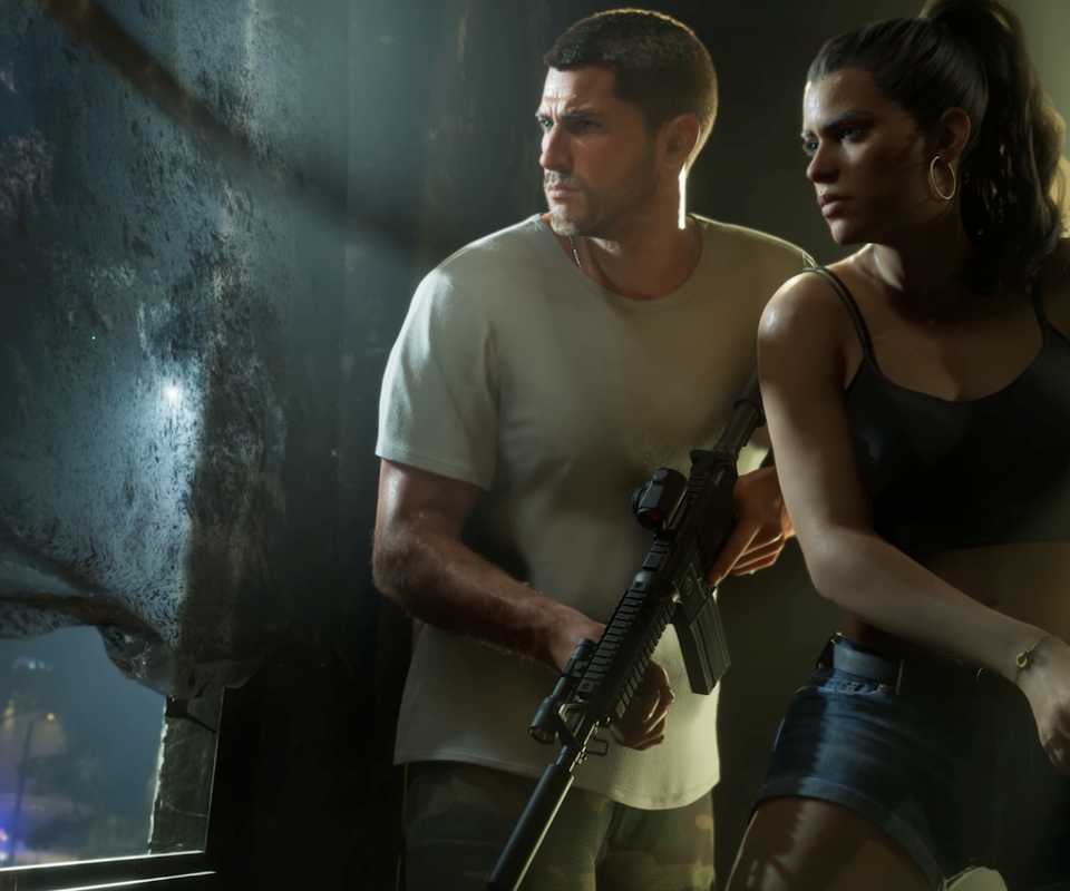 gta 6 co-protagonists jason and lucia equipped with guns and preparing to ambush enemies.