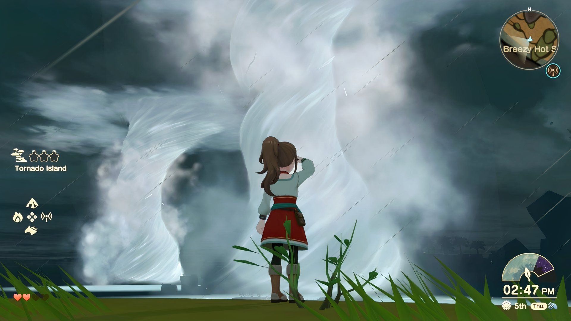 Harvest Moon Echoes of Teradea character looking out at tornado