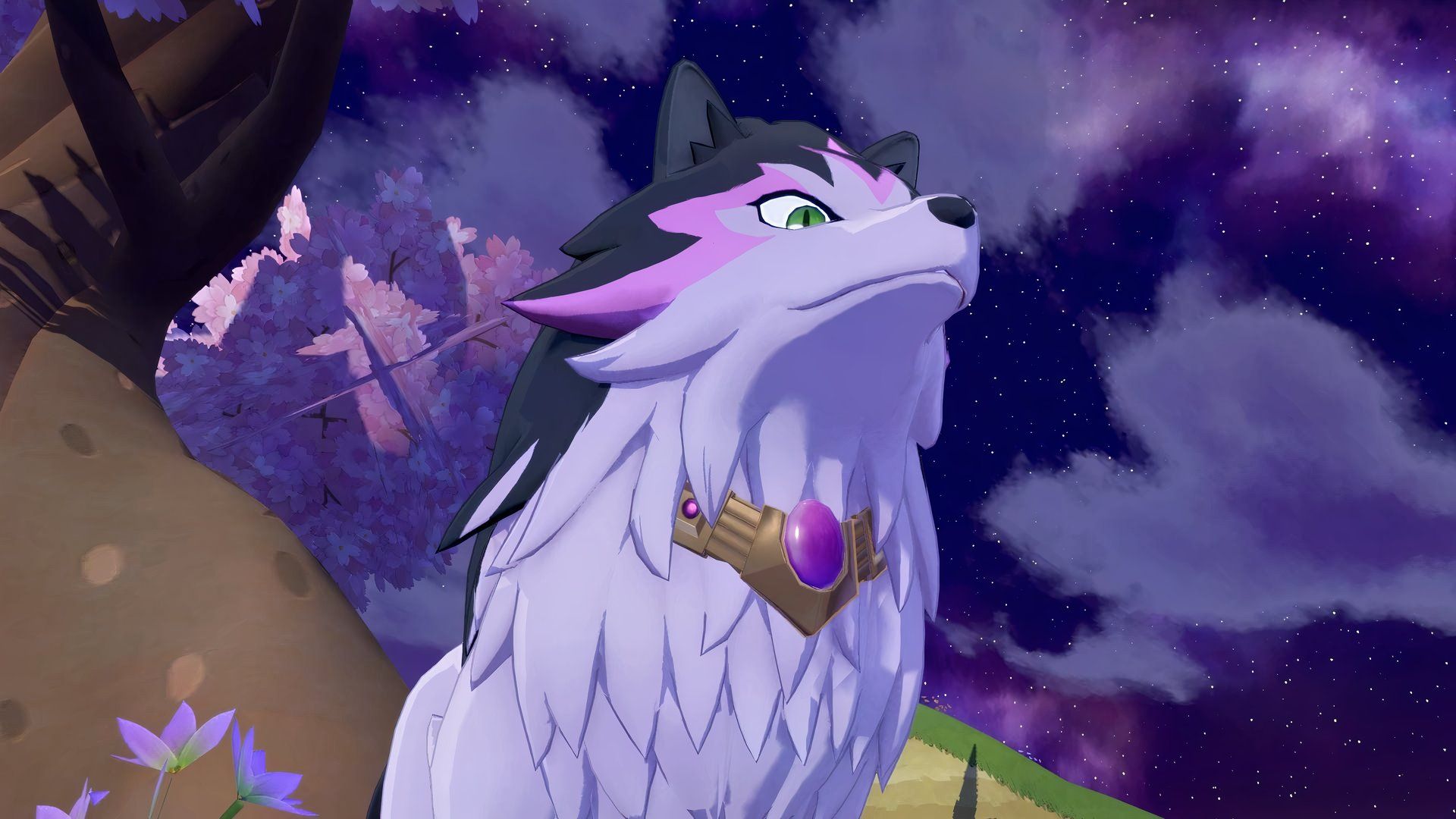 harvest moon echoes of Teradea wolf against purple sky looking down
