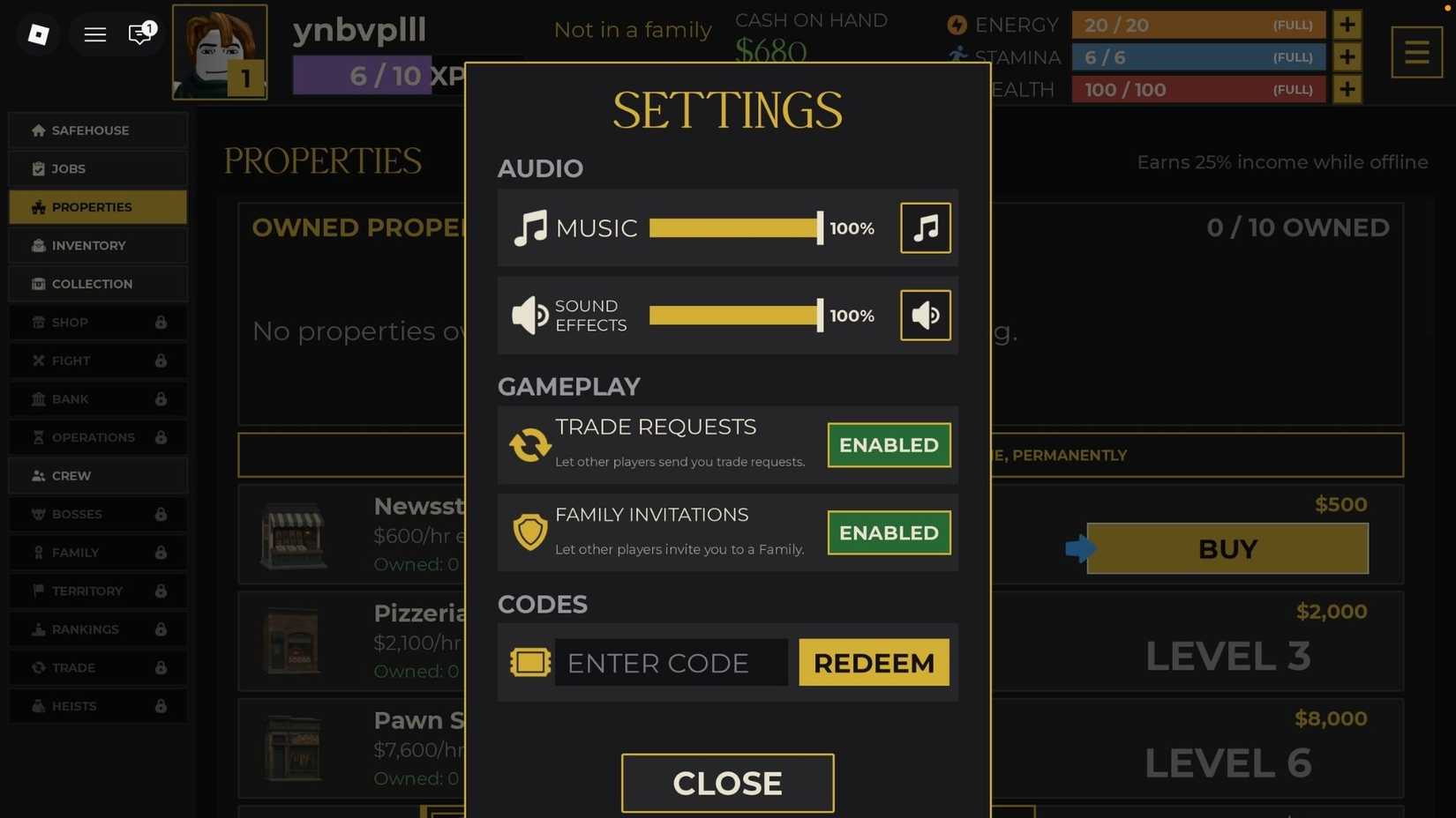 Idle Mafia Game the codes tab