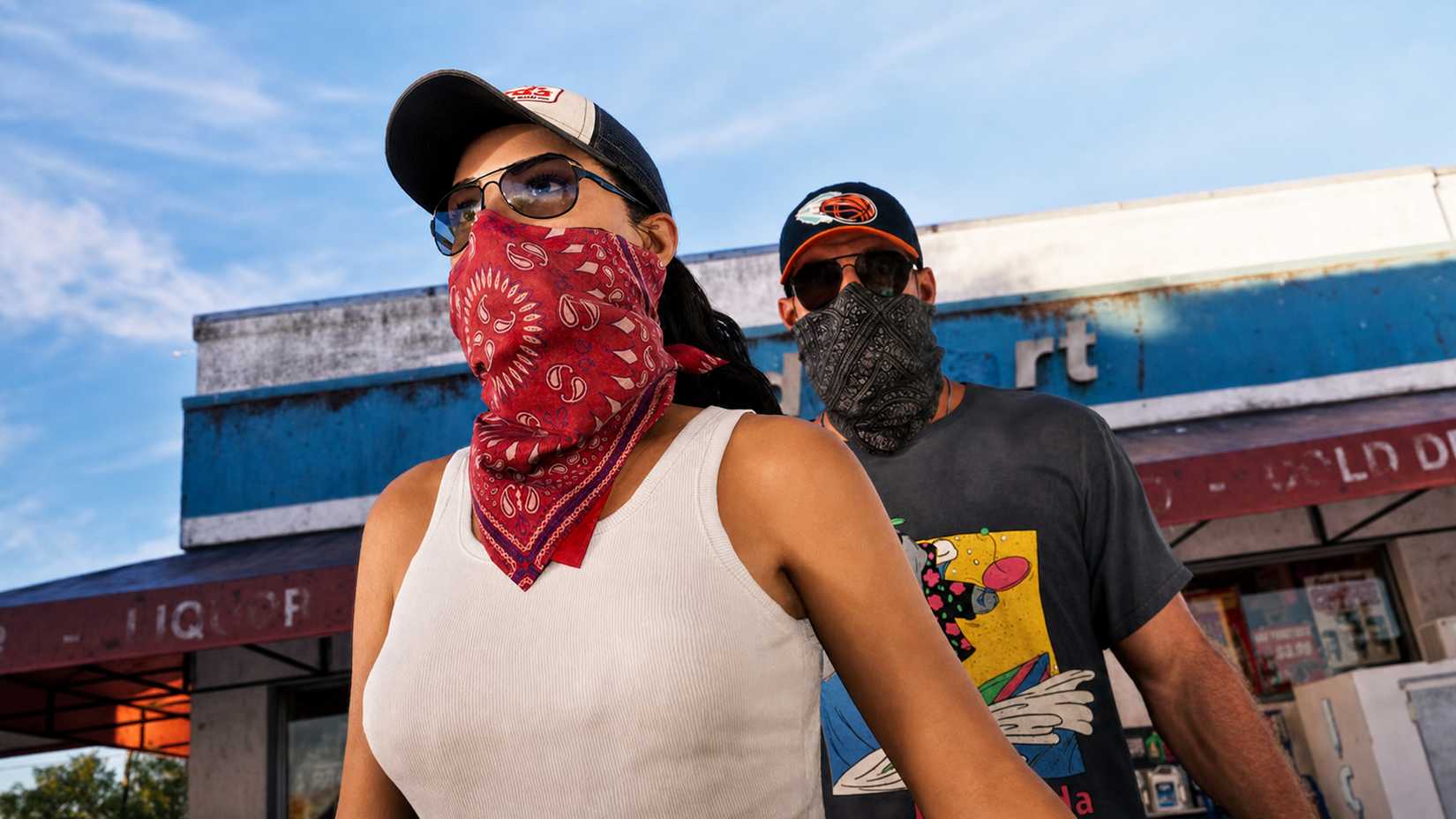 Jason and Lucia walking out of robbing a convenience store in GTA 6