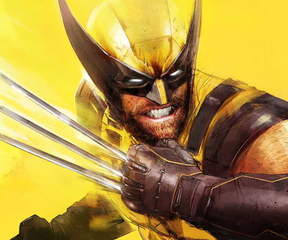 Artwork of an angry Wolverine on a yellow background.