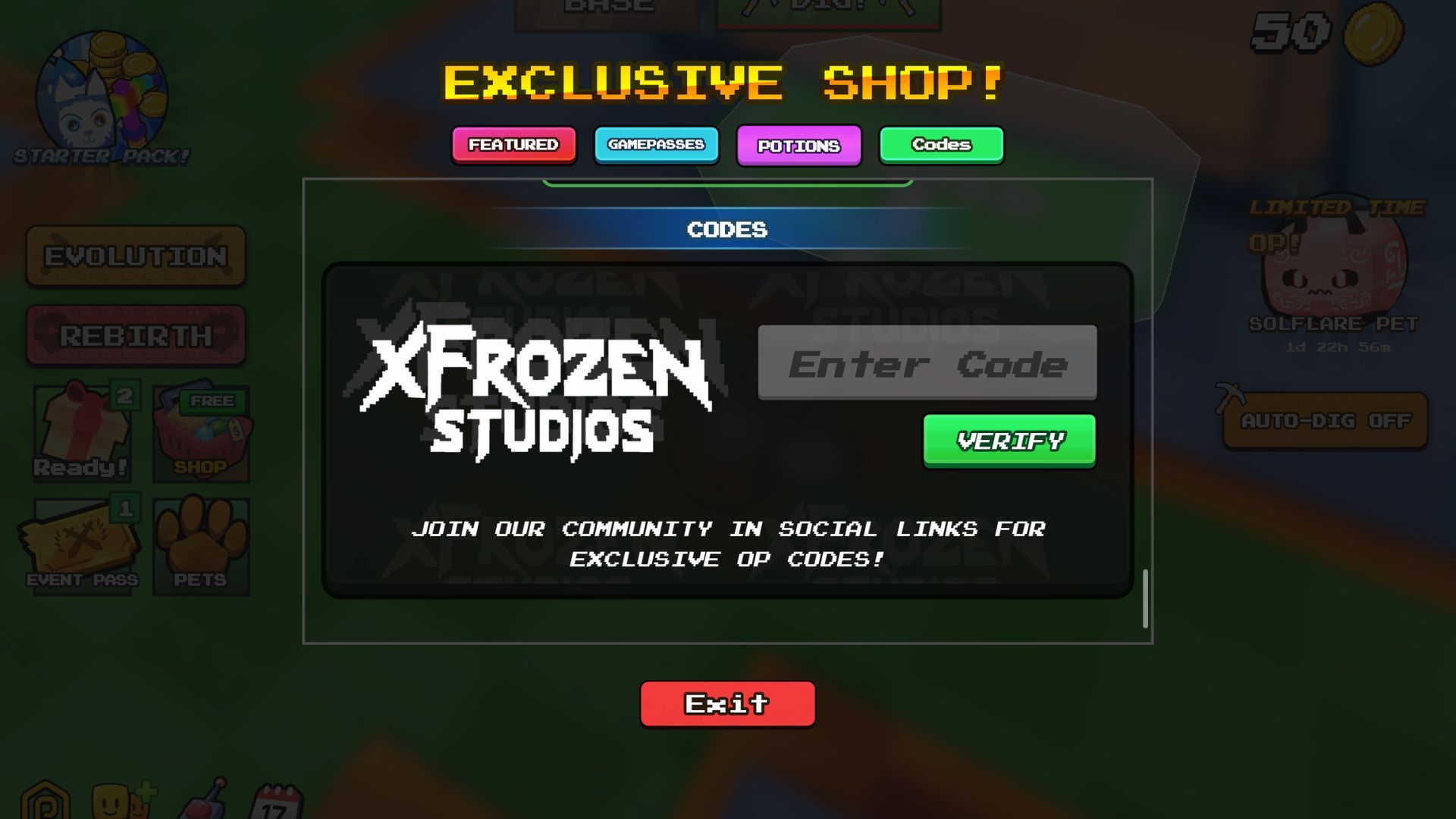 Merge & Dig Simulator the codes tab