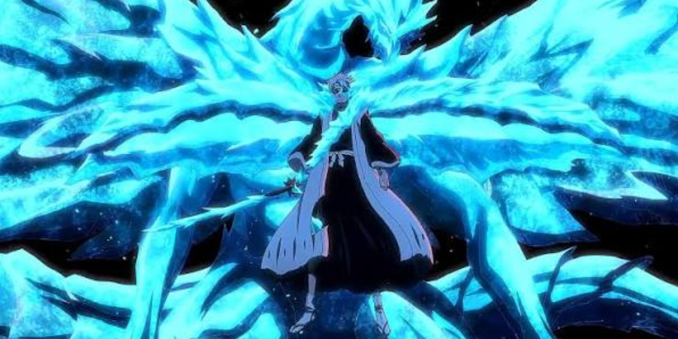 Toshiro uses his Hollowfied Bankai while Hyorinmaru's spirit stands behind him in Bleach: The Thousand-Year Blood war.