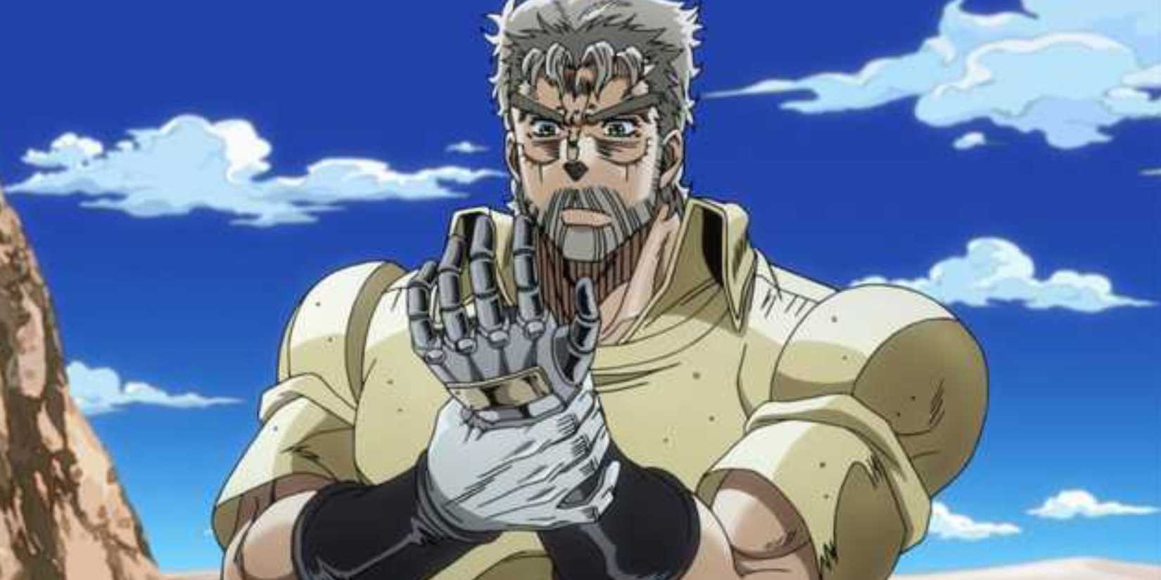 An older Joseph Joestar looks at his prosthetic arm in JoJo's Bizarre Adventure.