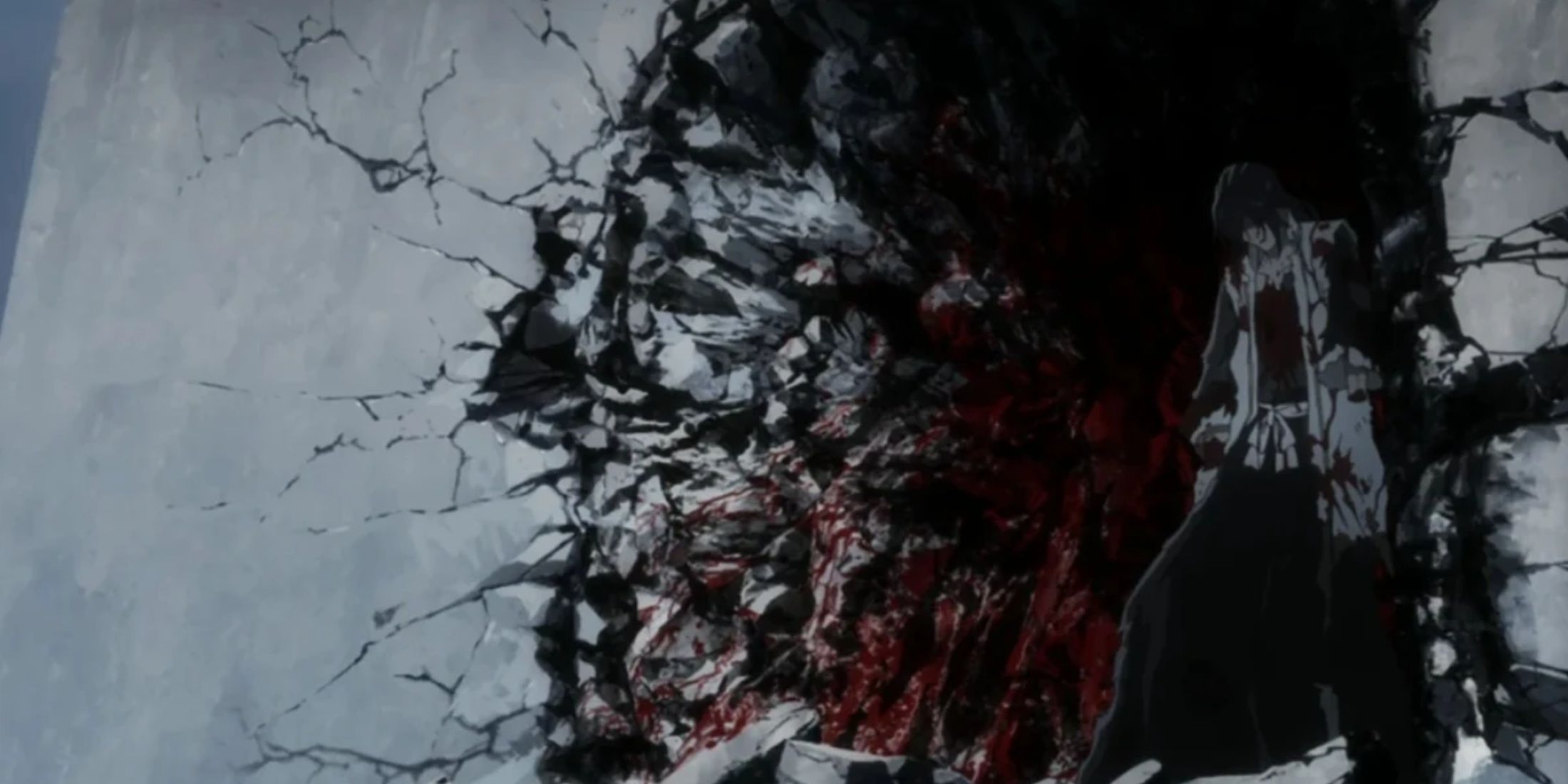 A bloody Byakuya stays awake after getting bombarded by his stolen Bankai in Bleach: The Thousand-Year Blood War.