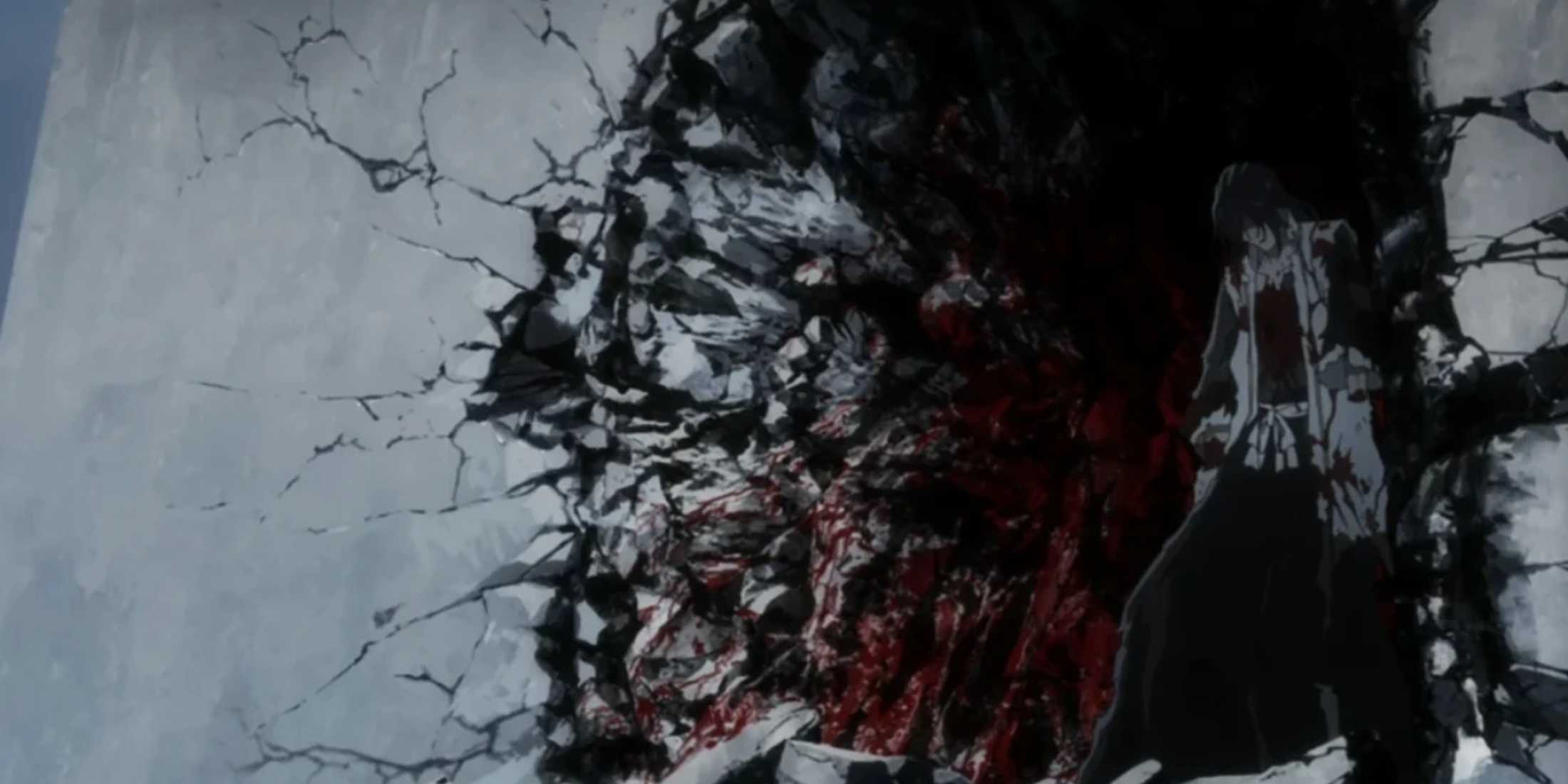 A bloody Byakuya stays awake after getting bombarded by his stolen Bankai in Bleach: The Thousand-Year Blood War.