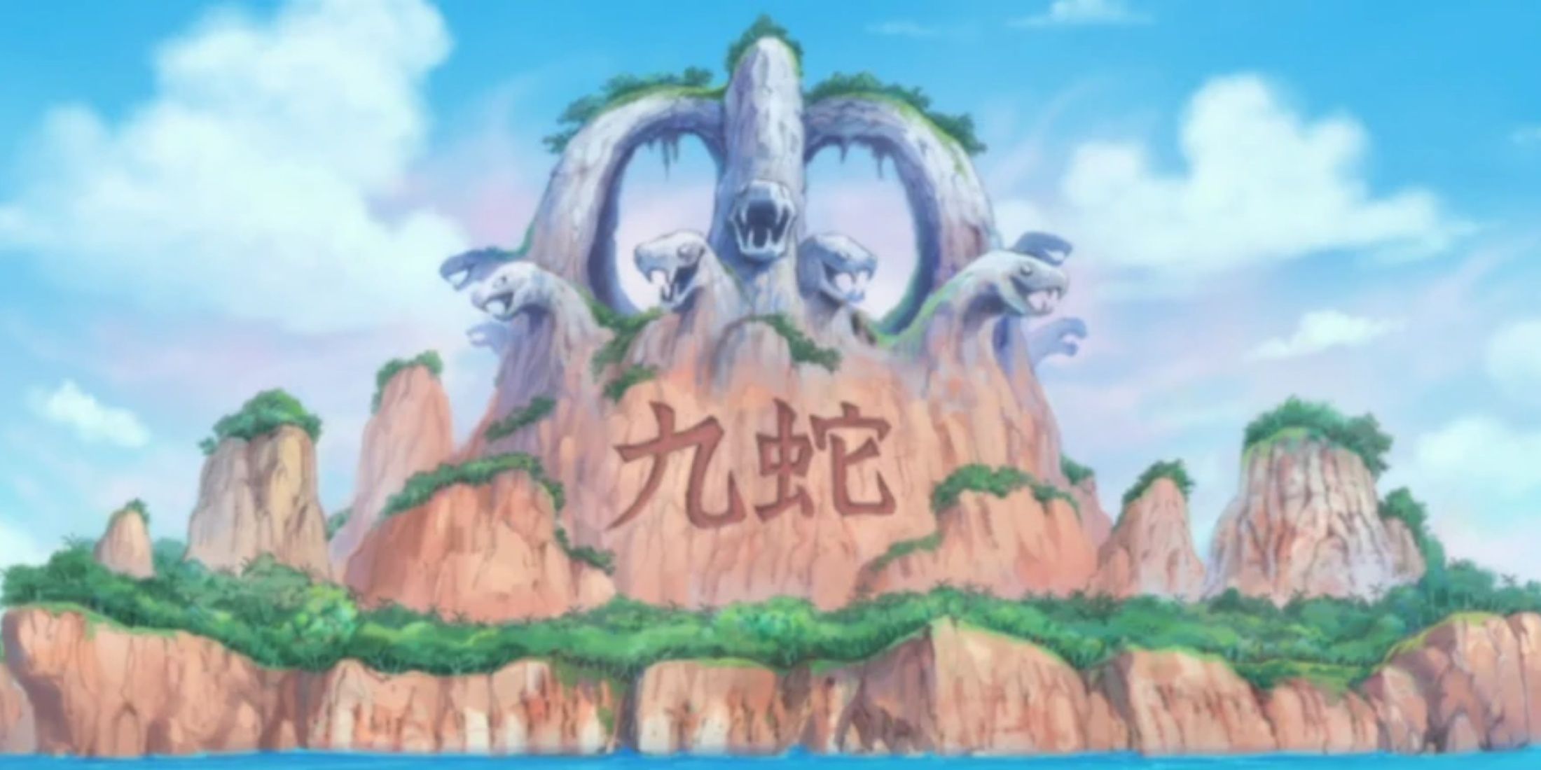 A view of Amazon Lily from the sea in One Piece.