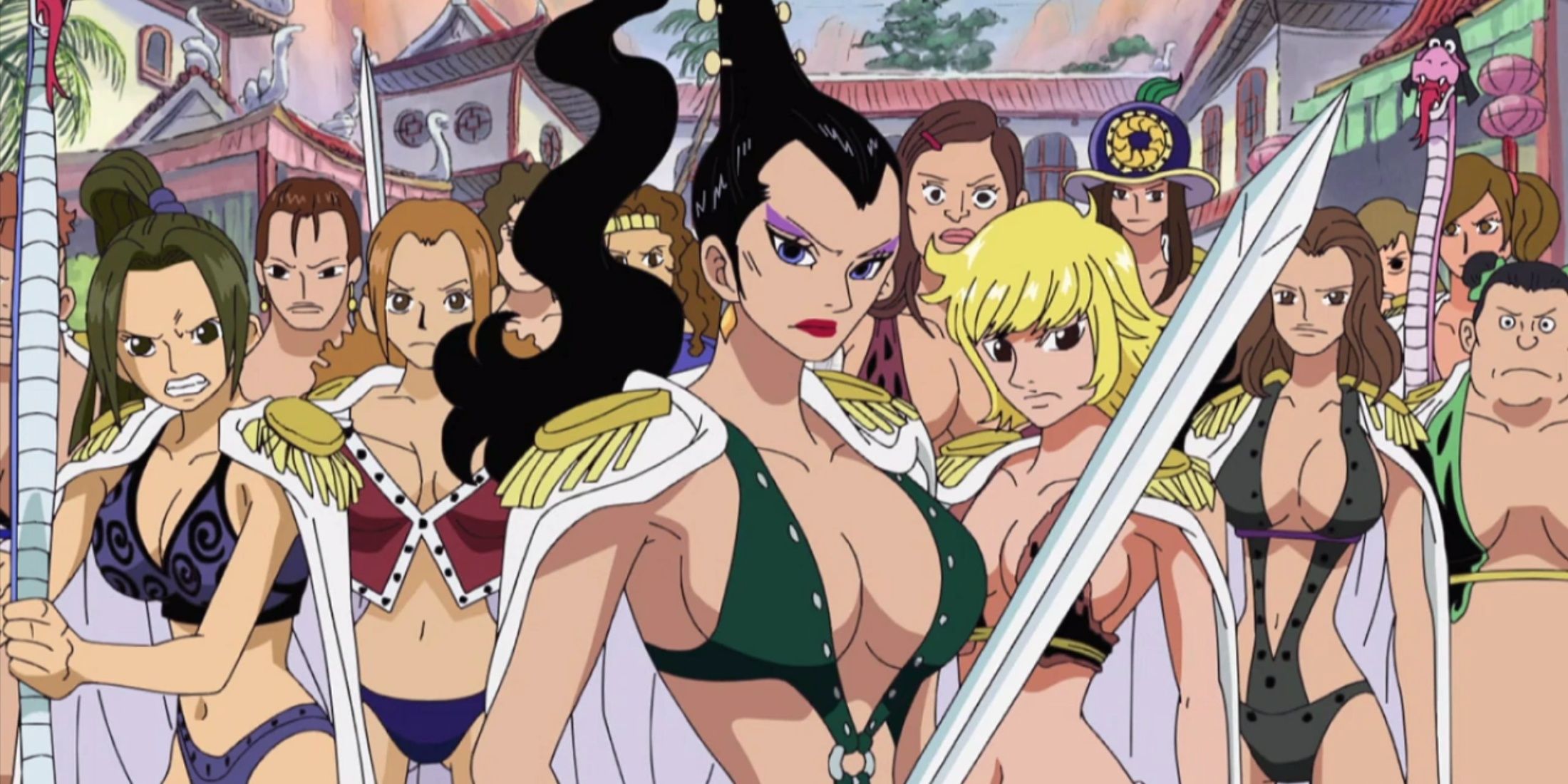 Members of the Kuja Tribe prepare to attack Luffy in One Piece.