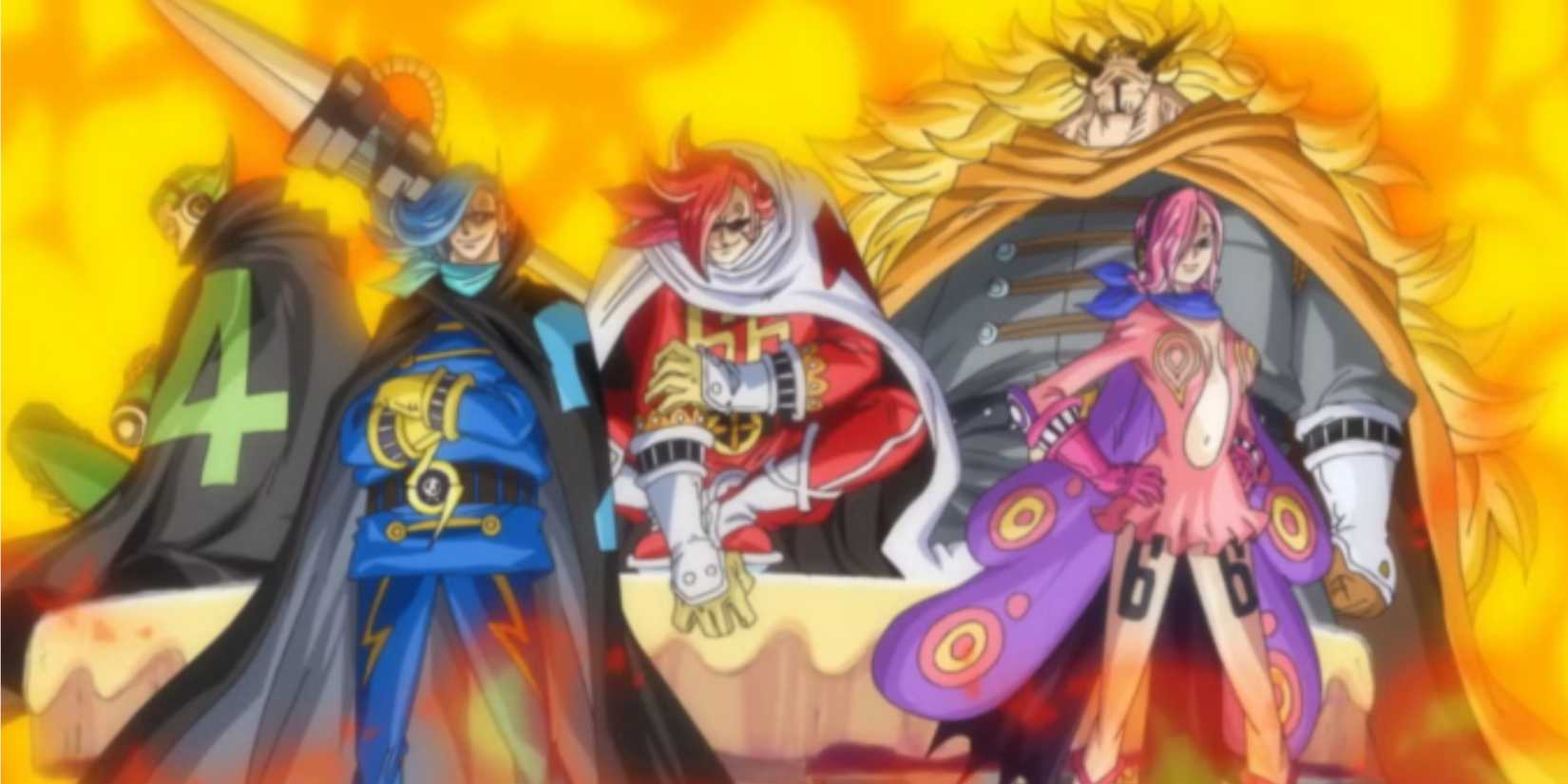 The Vinsmoke Family, the rulers of the Germa Kingdom, prepare to fight the Big Mom Pirates in One Piece.