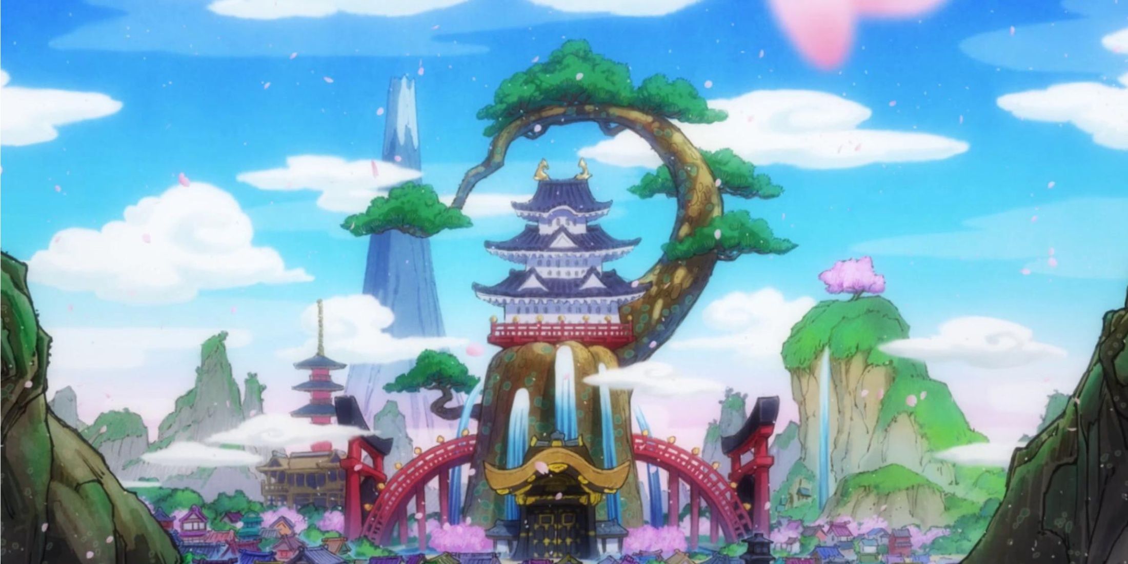 The Flower Capital of Wano Country as seen from afar in One Piece.