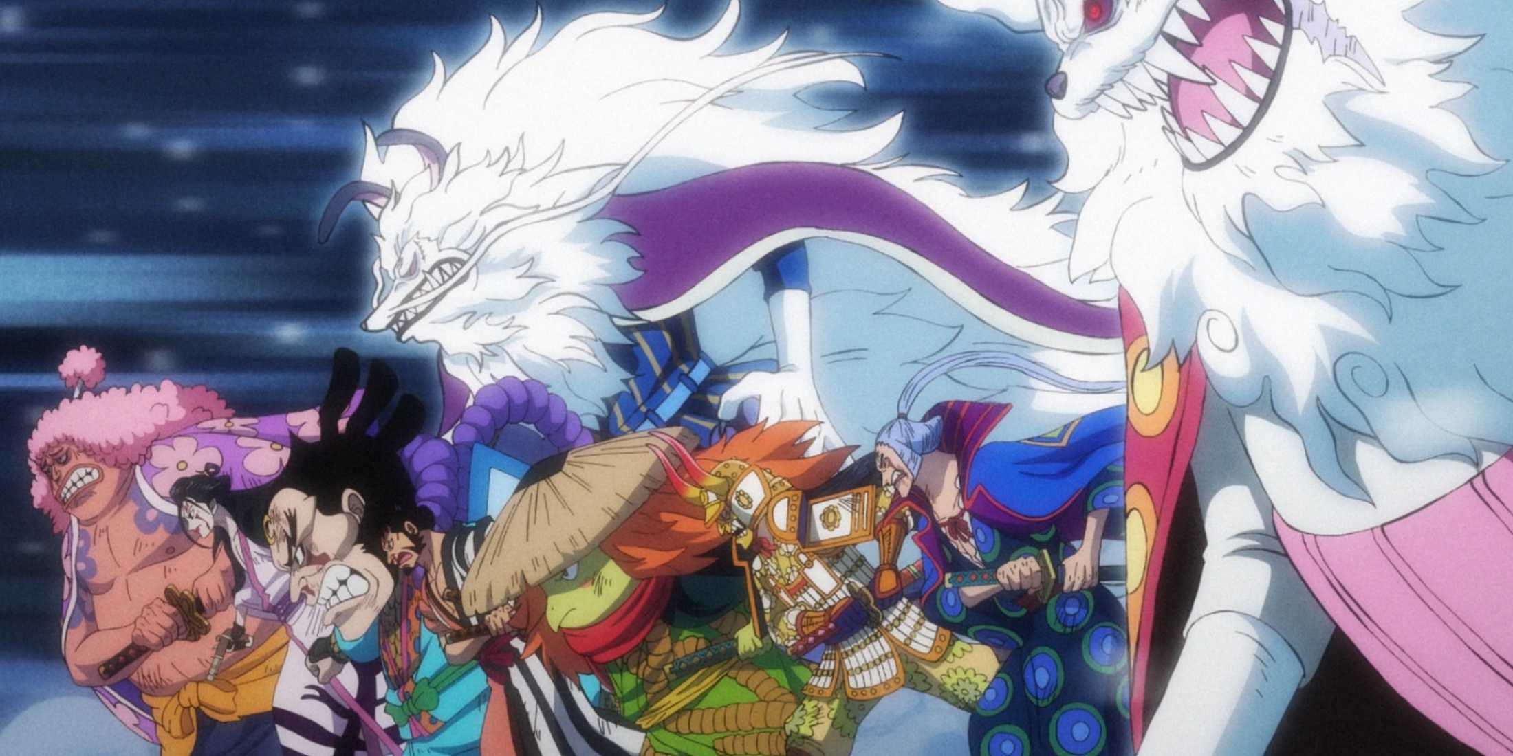 The Nine Red Scabbards of Wano attack Kaido at one in One Piece.