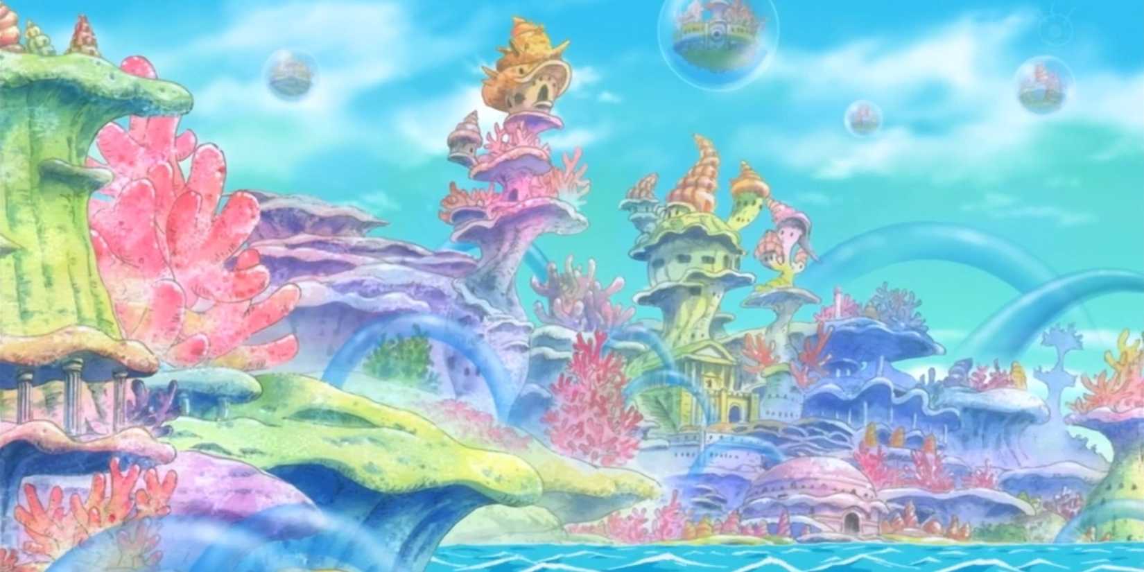 The Ryugu Kingdom of Fishman Island as seen from afar in One Piece.