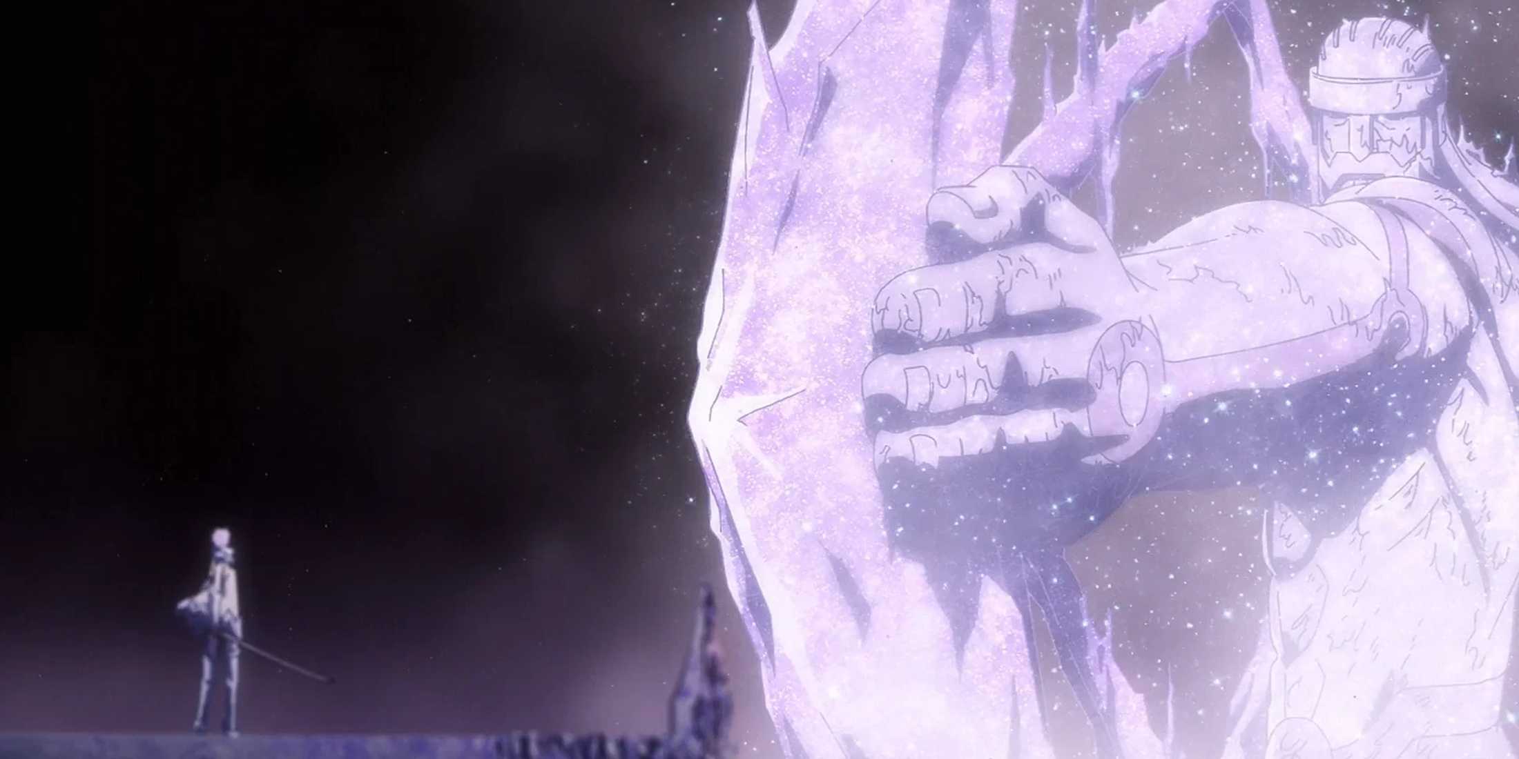 Toshiro freezes Gerard with his complete Daiguren Hyōrinmaru in Bleach: The Thousand-Year Blood War.