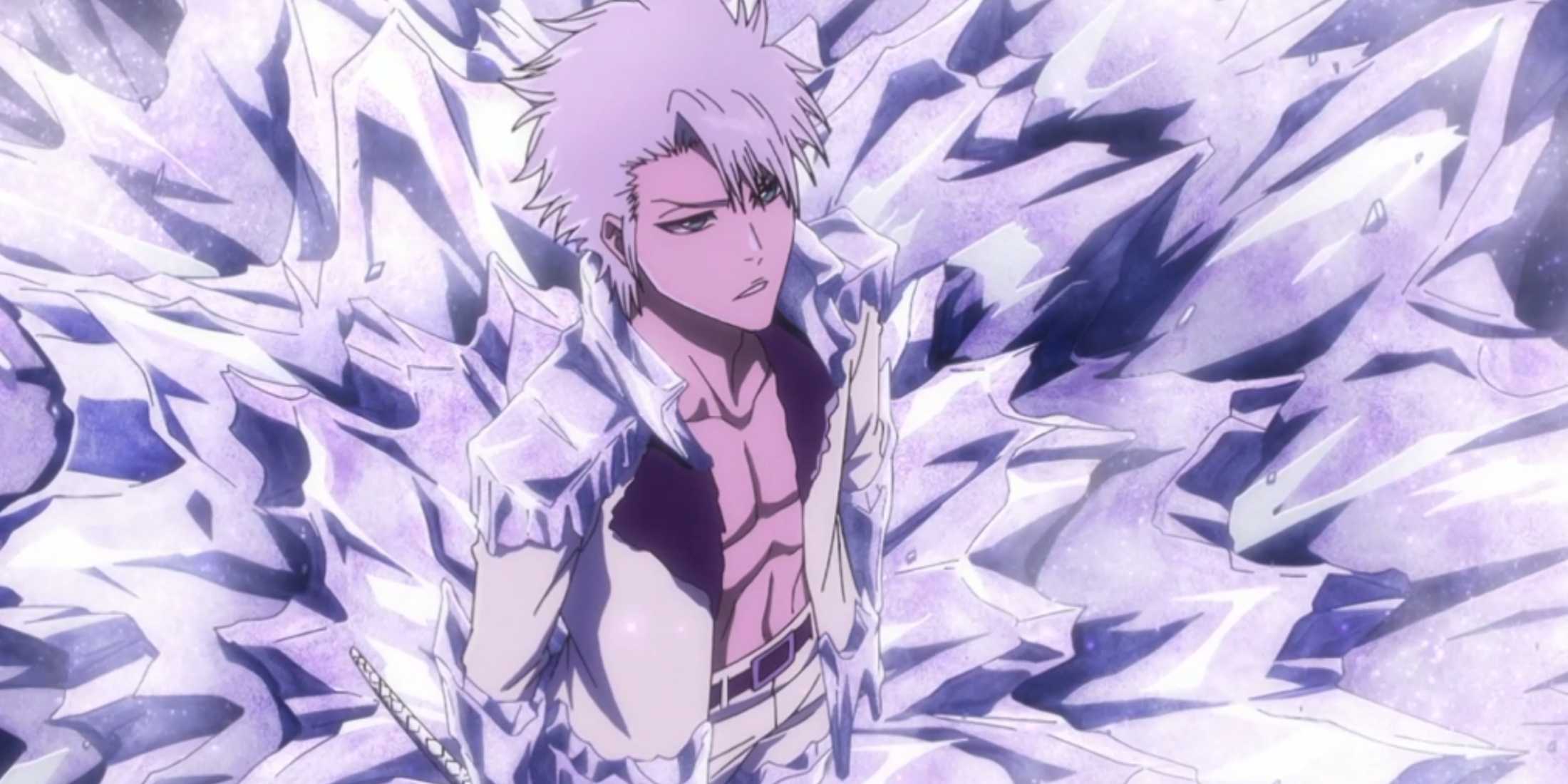 Toshiro hitsugaya uses his complete Daiguren Hyōrinmaru to freeze the surrounding area in Bleach: The Thousand-Year Blood War.