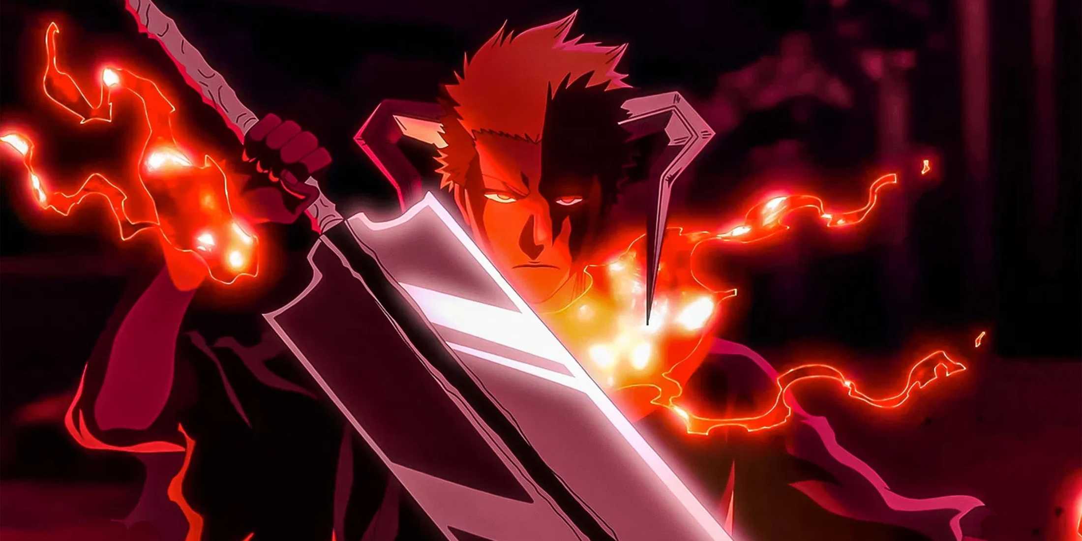 Blood Chains Ichigo raises Tensa Zangetsu against Yhwach in Bleach: The Thousand-Year Blood War