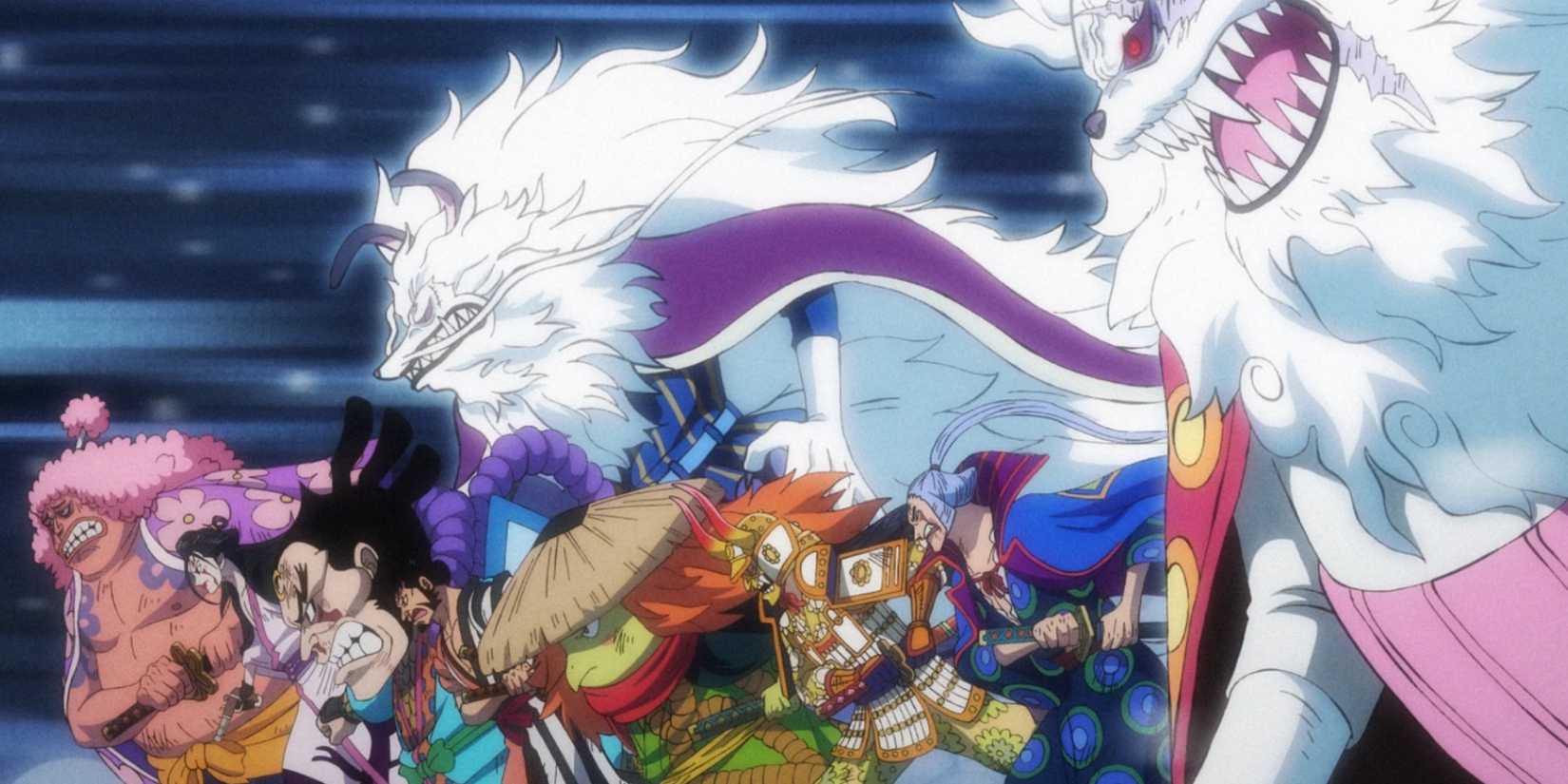 Wano's Nine Red Scabbards attack Kaido during the Onigashima Raid in One Piece.