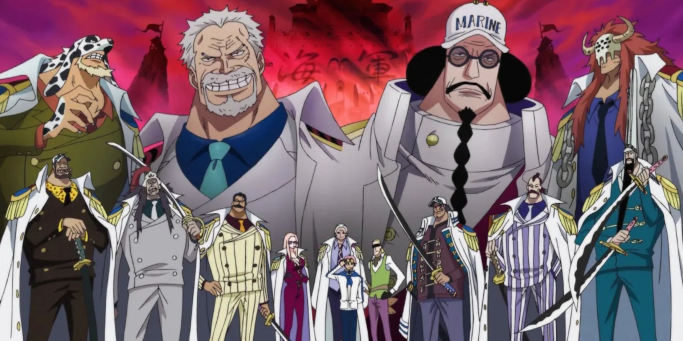 Various Marine Vice Admirals stand at attention with Fleet Admiral Sengoku in the background in One Piece