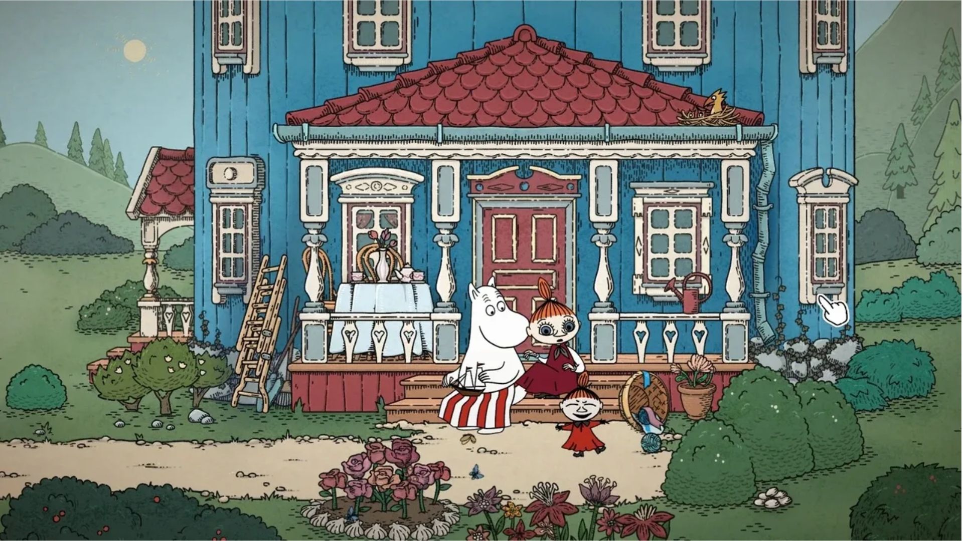 Moomin Midsummer Madness Key Art with main characters at a house