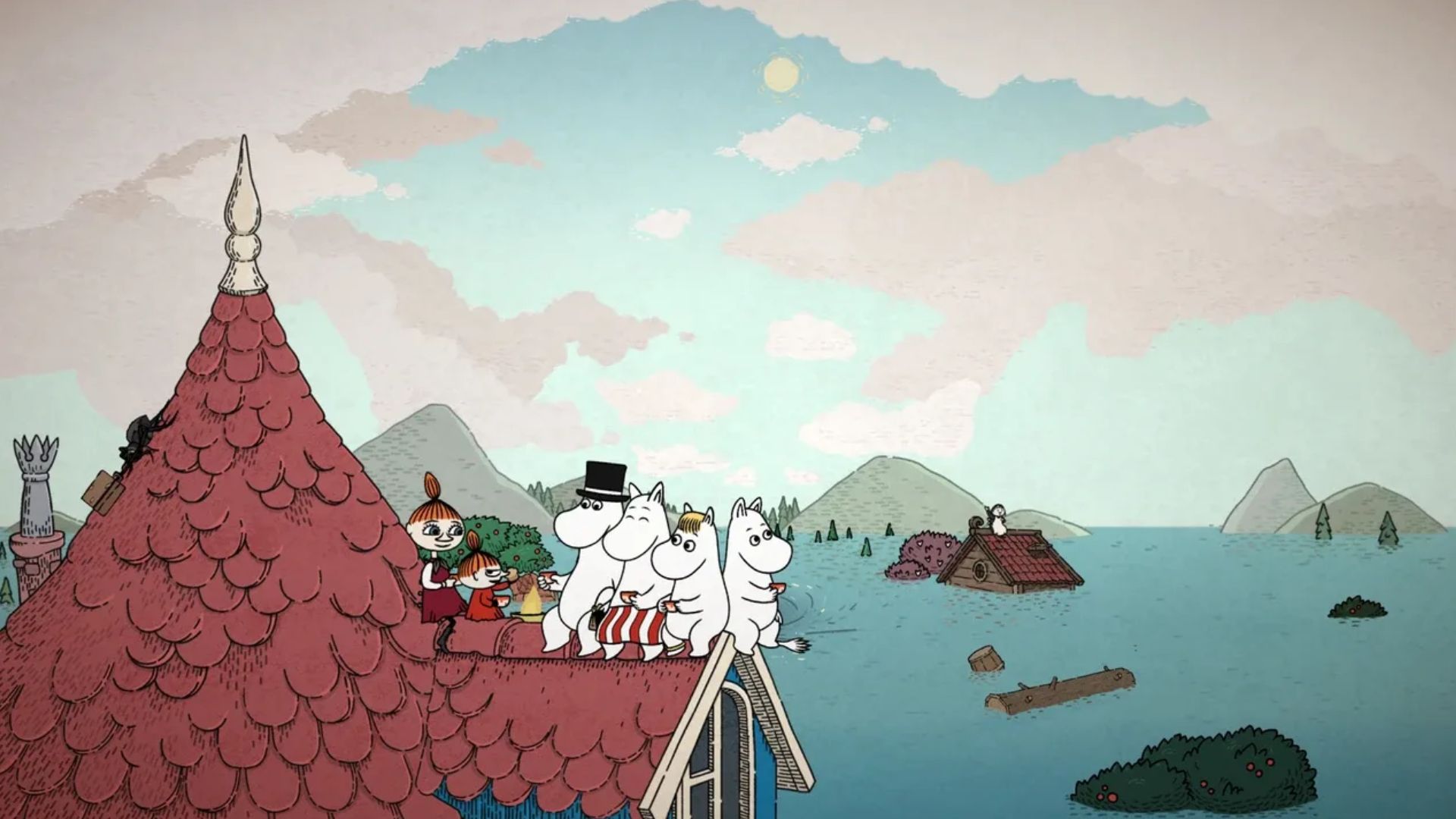 Moomin Midsummer Madness screenshot with Moomin family flooded out of house