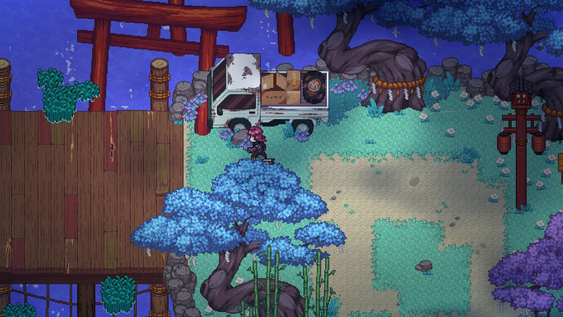 A player character running past a truck in Spirit Rancher