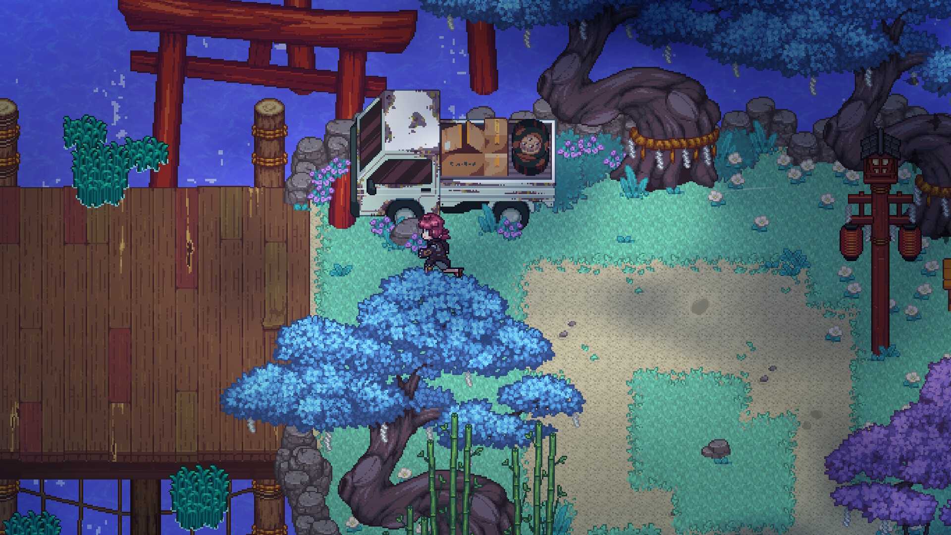 A player character running past a truck in Spirit Rancher
