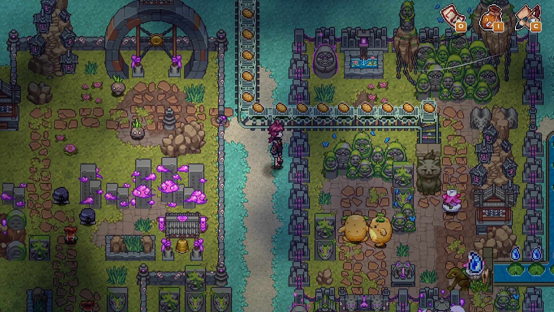 A player character next to a conveyor belt in Spirit Rancher