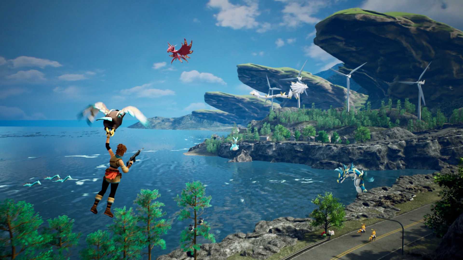 Gliding along a coastal road in Palworld