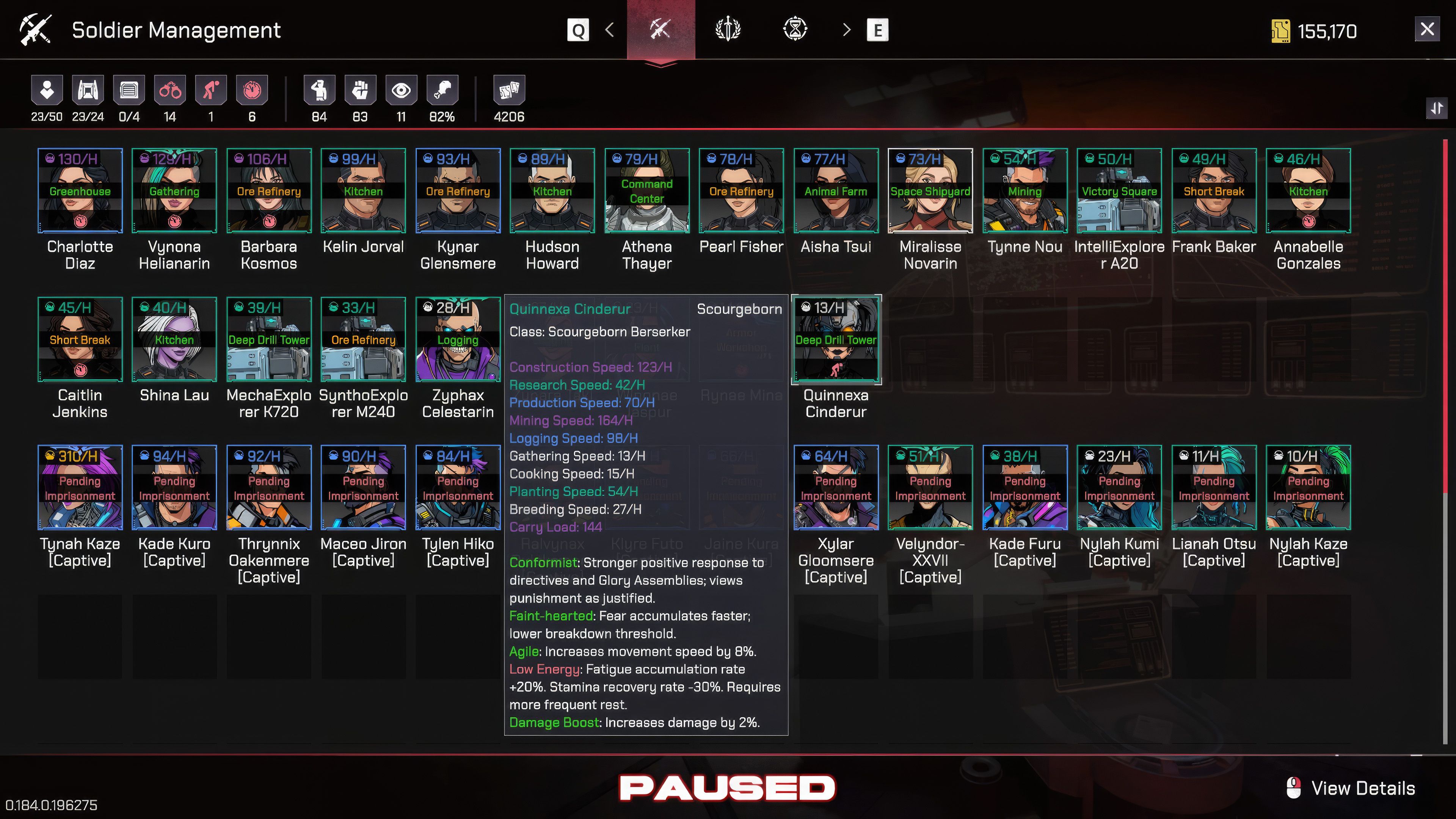 The colonist management screen in Pax Autocratica.