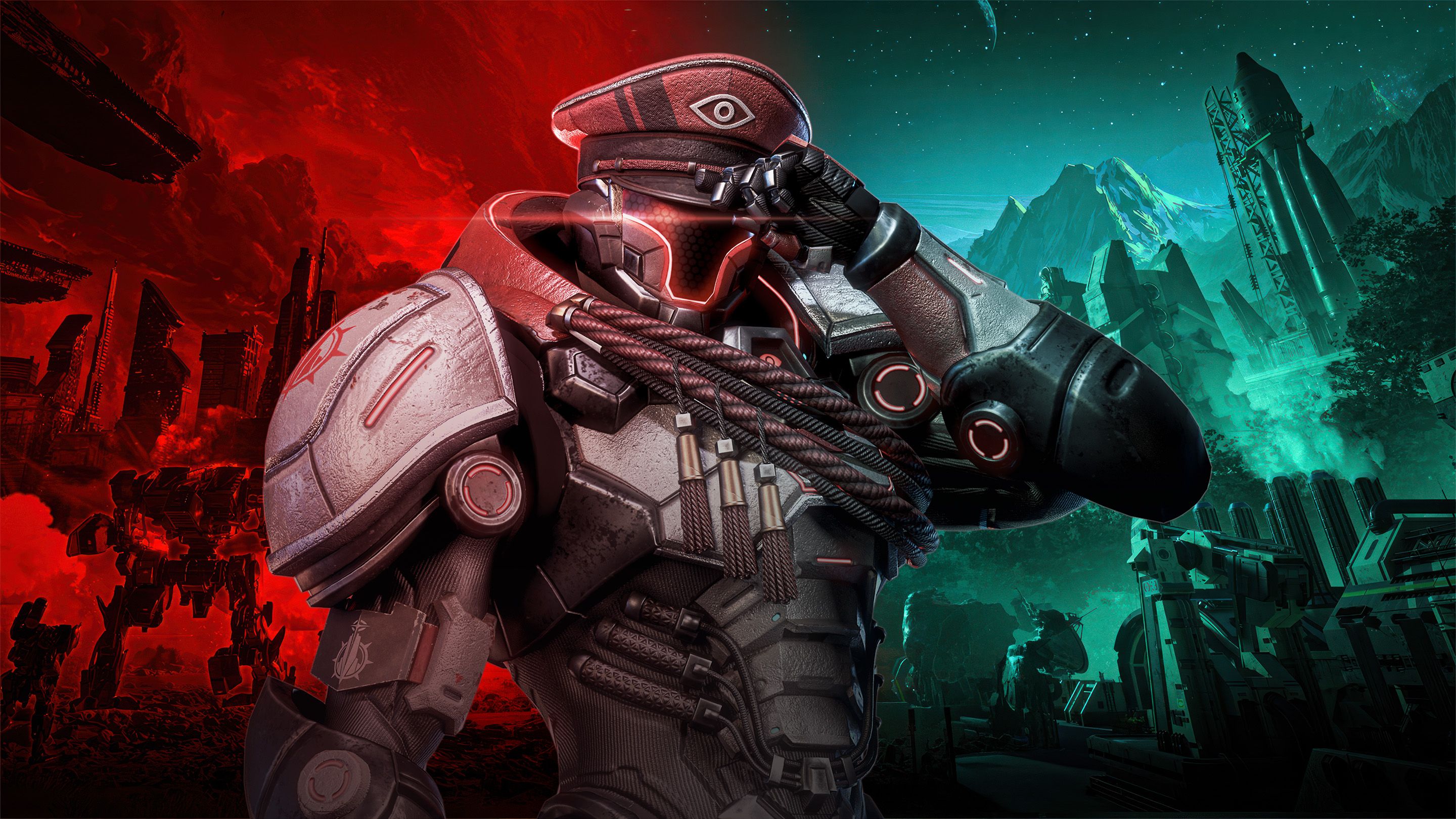 The playable character saluting in front of a blue and red background in Pax Autocratica.