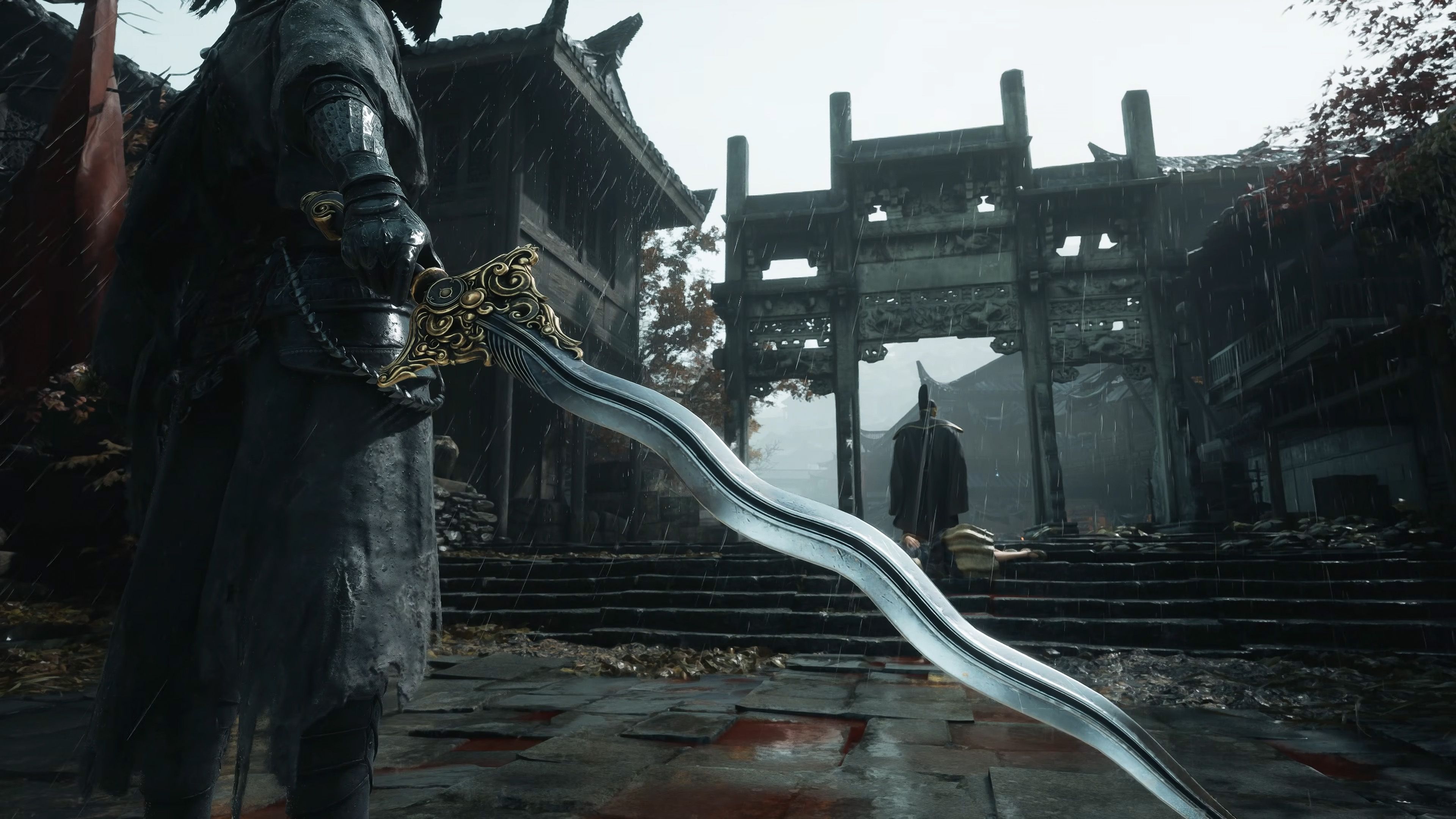 Protagonist holding curvy blade in Phantom Blade Zero
