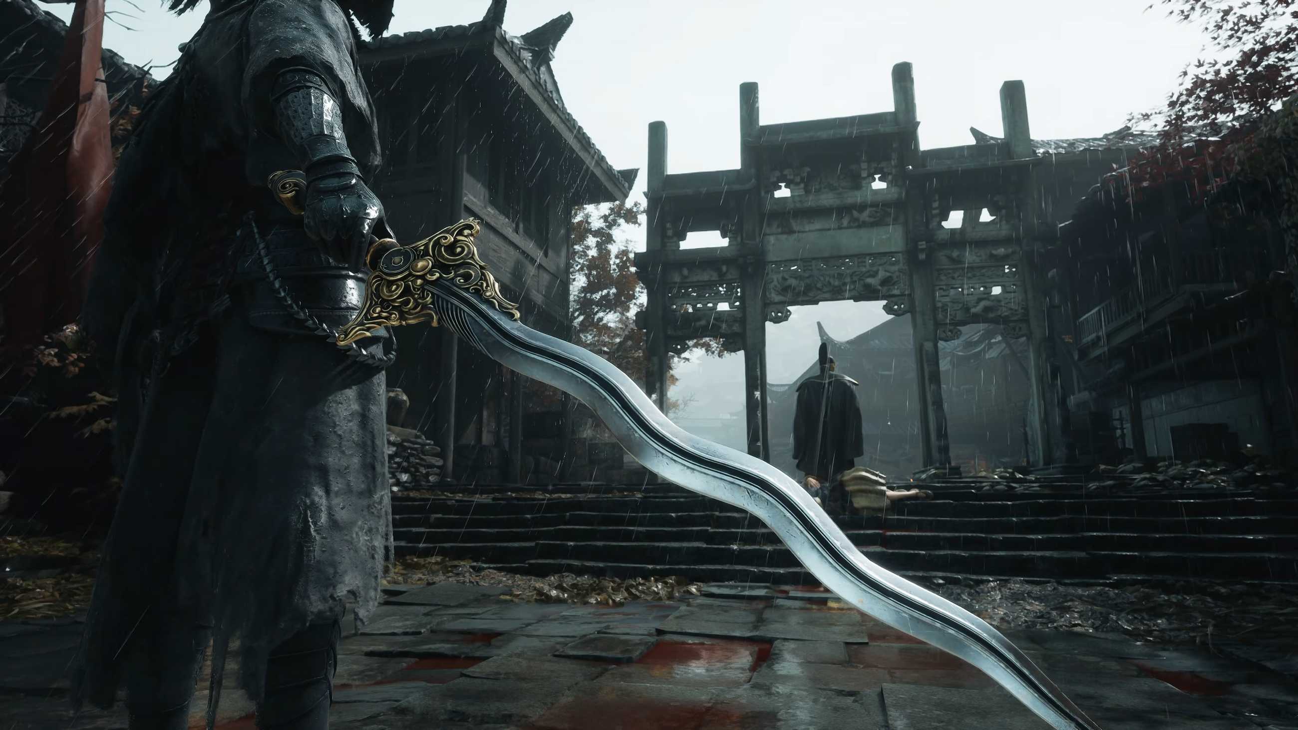 Protagonist holding curvy blade in Phantom Blade Zero