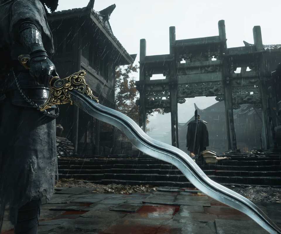 Protagonist holding curvy blade in Phantom Blade Zero