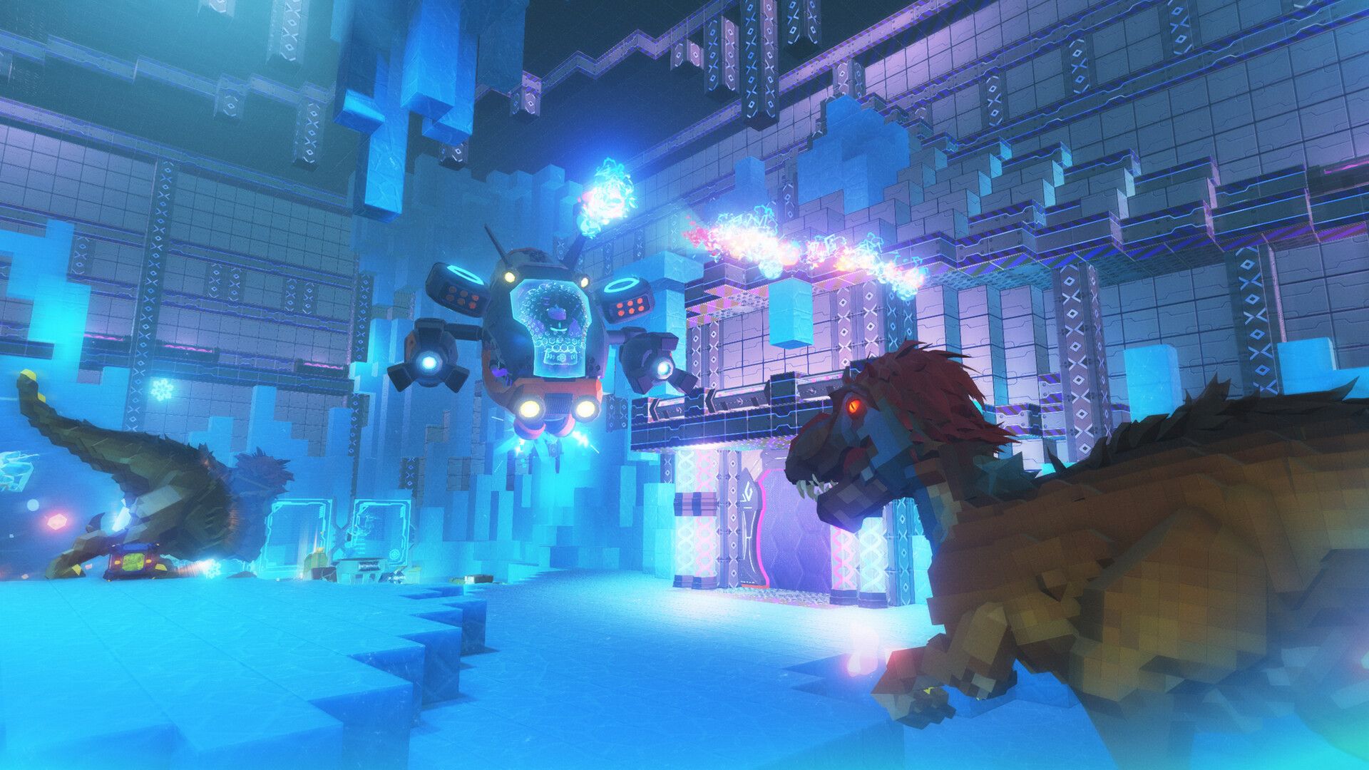 Dinosaurs fighting a robot in PixARK Terracrypt