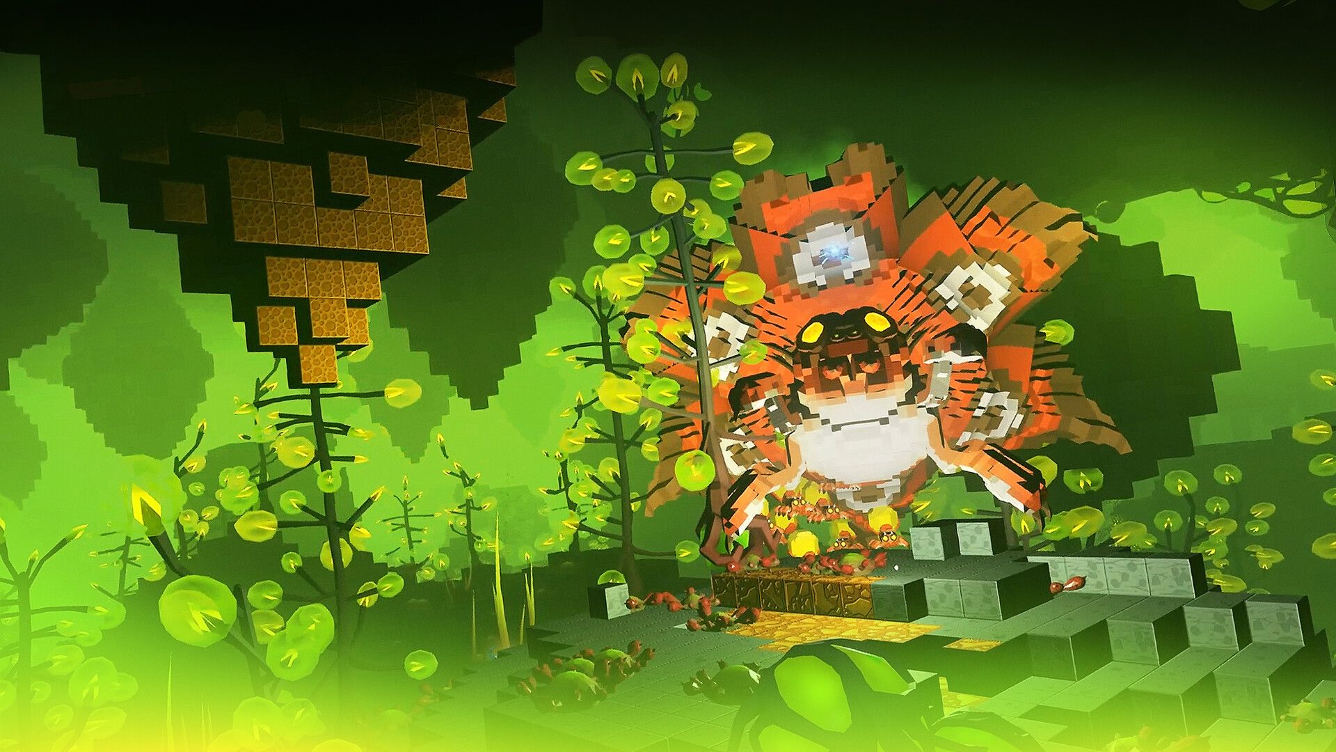 A giant orange monster surrounded by green mist and plants in PixARK Terracrypt