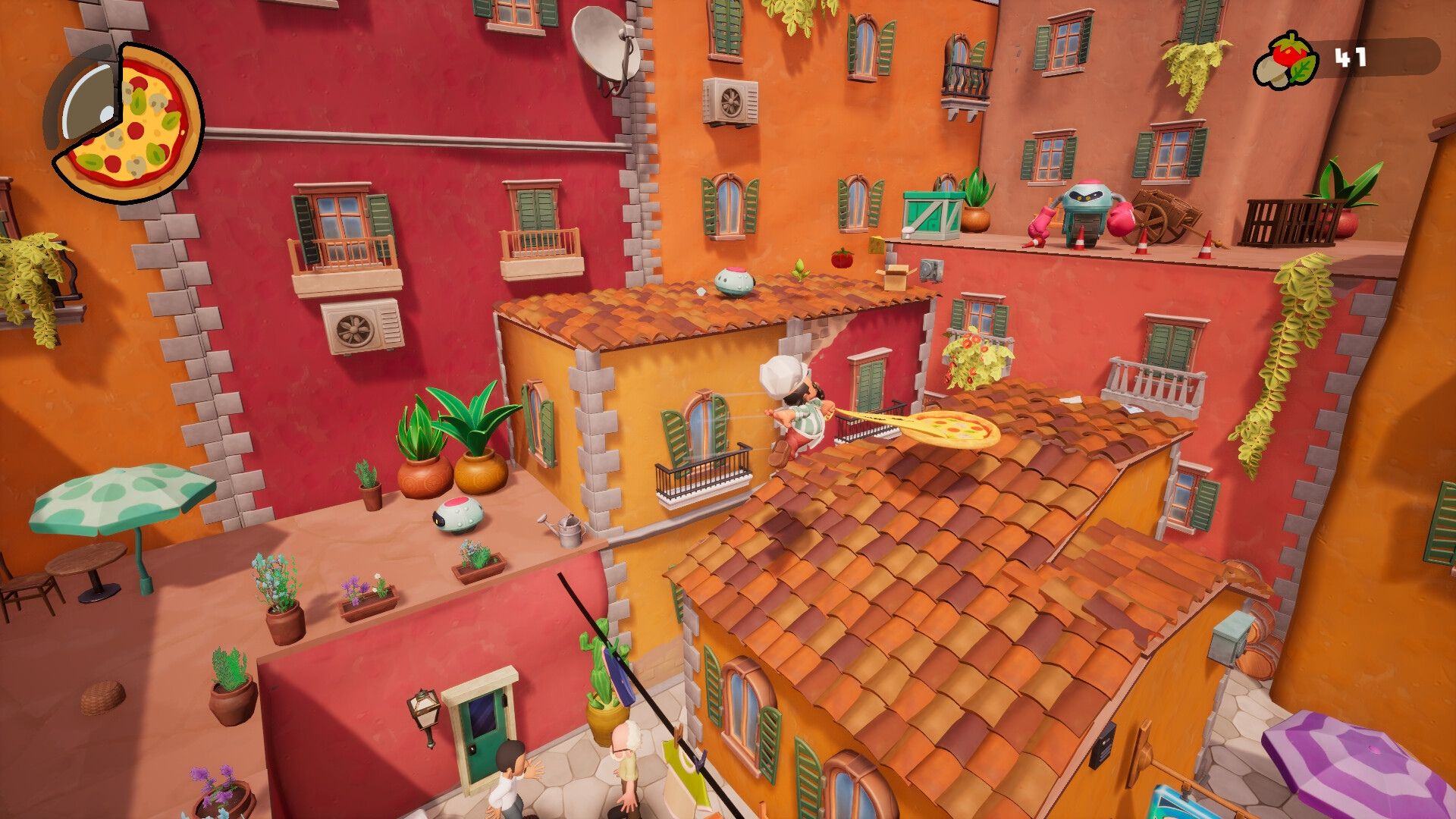 pizzapocalypse 2 protagonist using pizza to jump over a building.