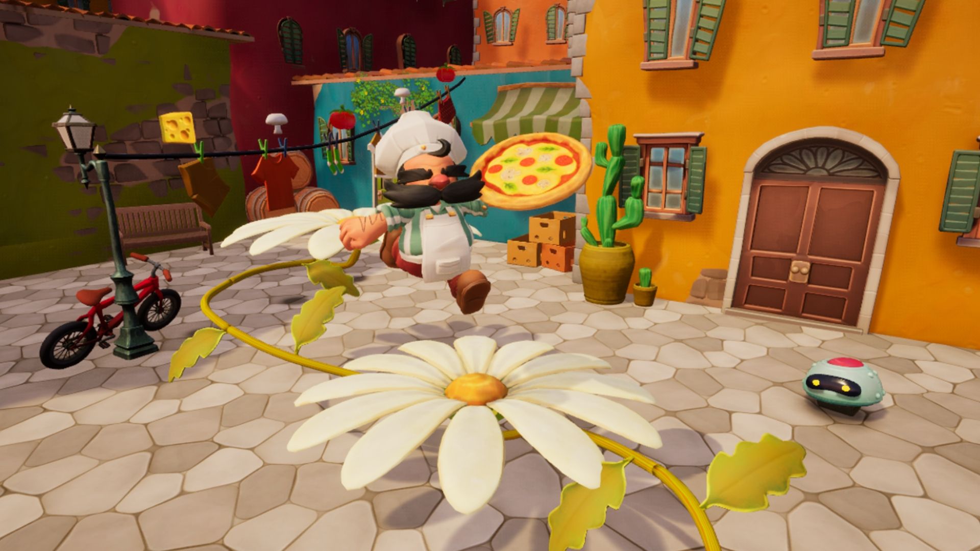 pizzapocalypse 2 protagonist wearing the chef outfit and jumping over obstacles.